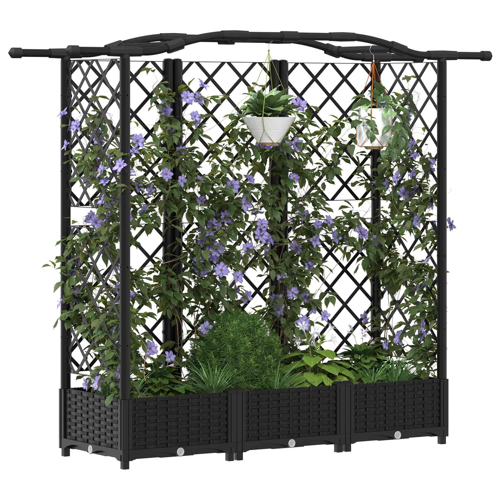 Magasított ágy trellis-szel és tetővel fekete 163 x 40 x 126 cm