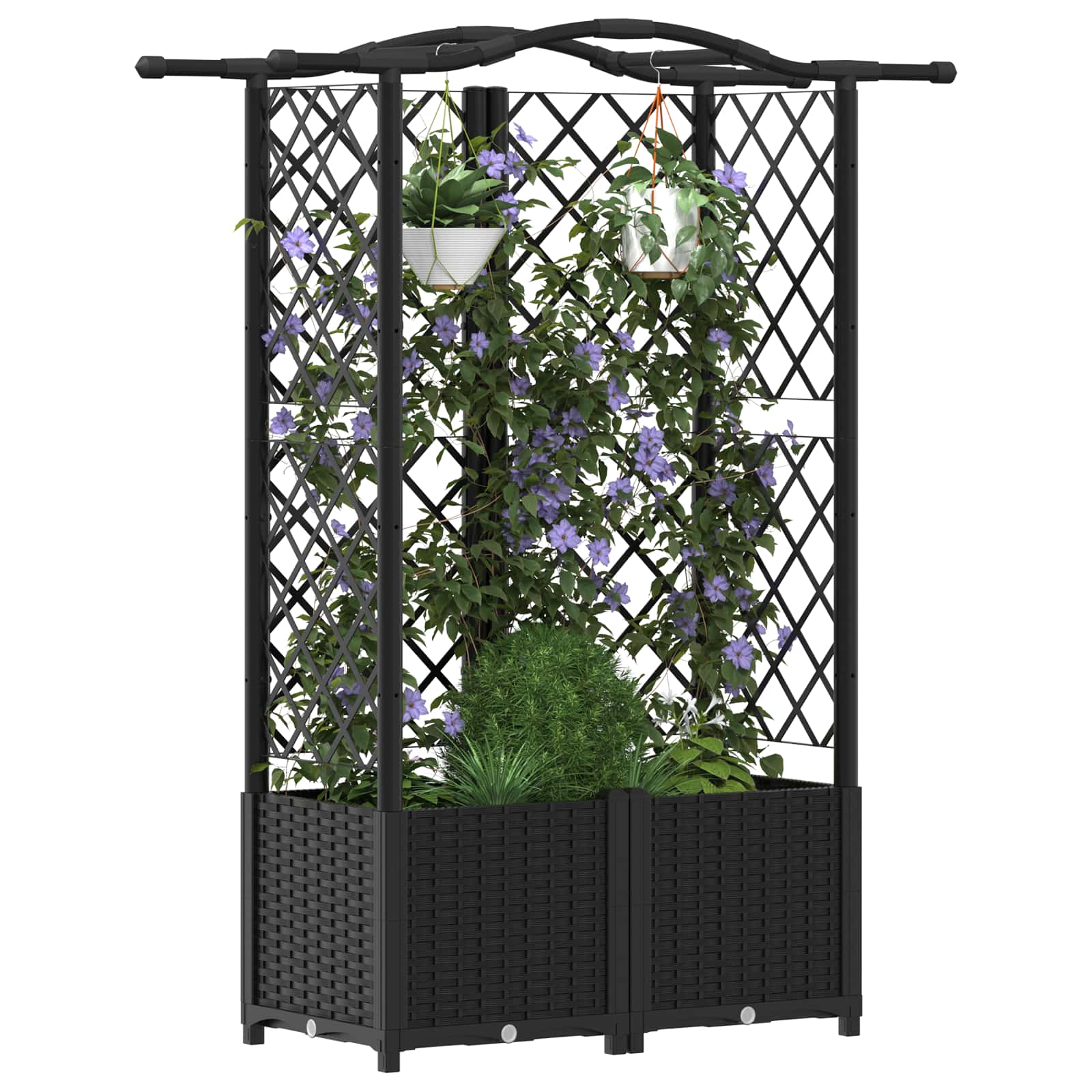 Magasított ágy trellis-szel és tetővel fekete 122 x 40 x 141 cm