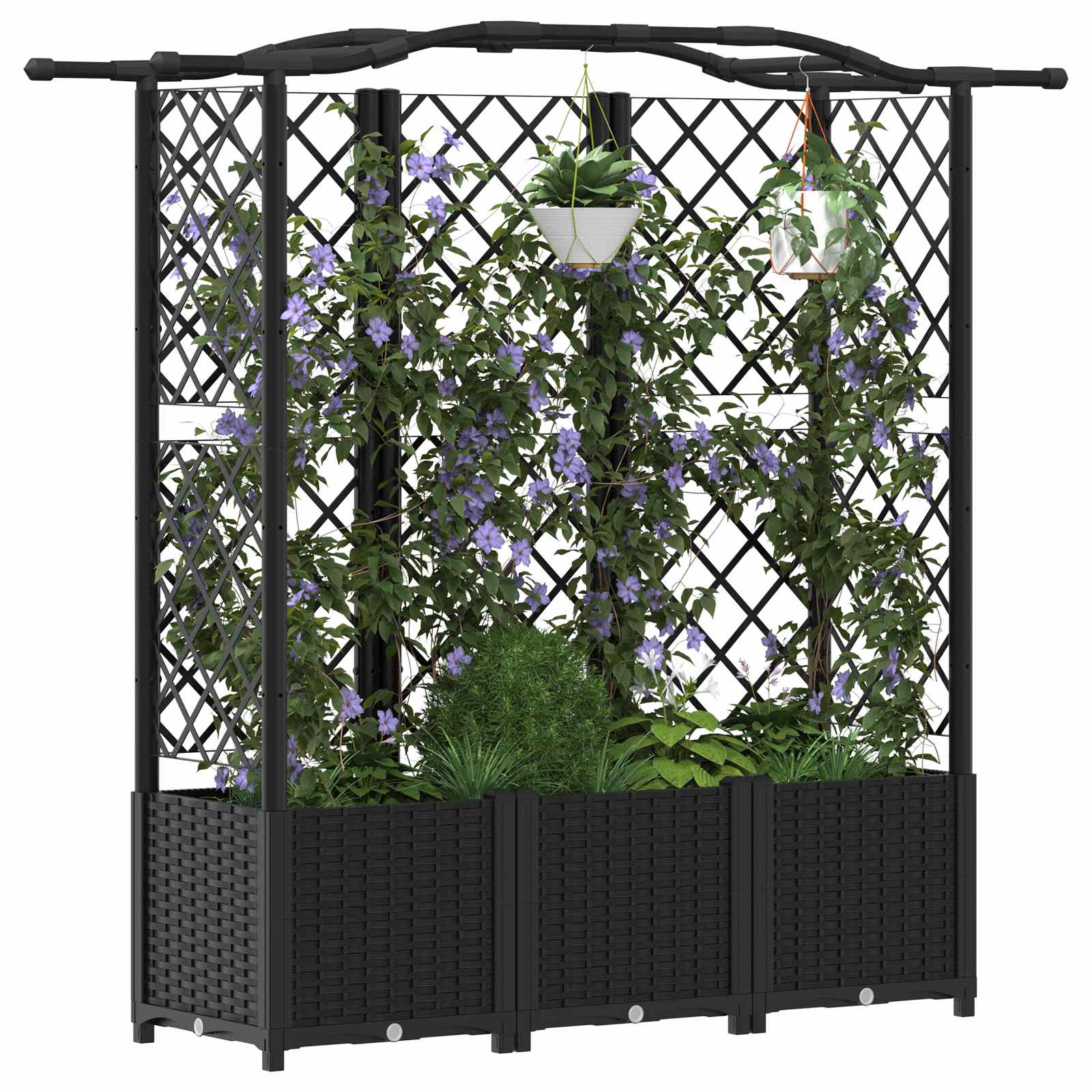 Magasított ágy trellis-szel és tetővel fekete 163 x 40 x 141 cm
