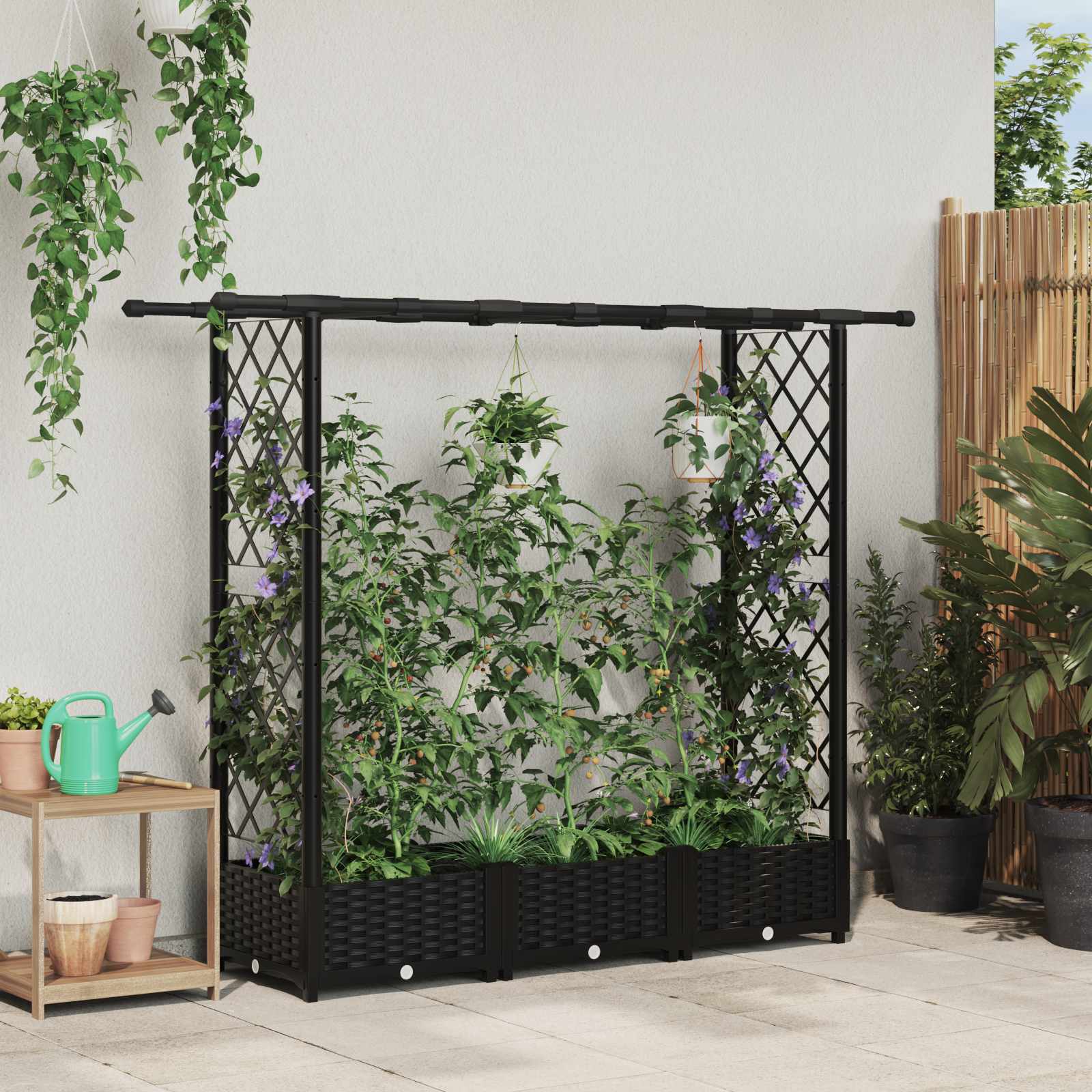 Magasított ágy trellis-szel és tetővel fekete 164 x 40 x 123 cm