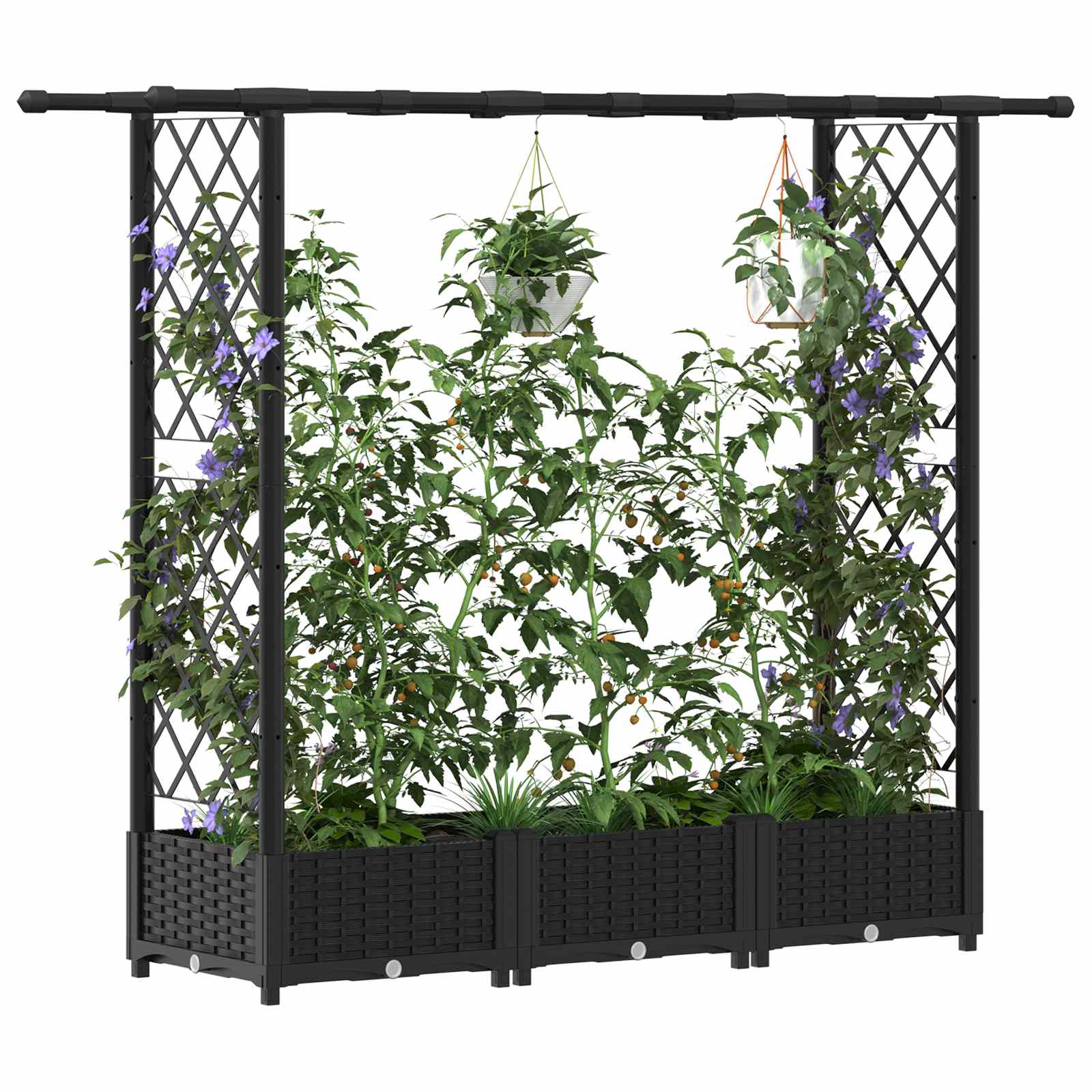 Magasított ágy trellis-szel és tetővel fekete 164 x 40 x 123 cm