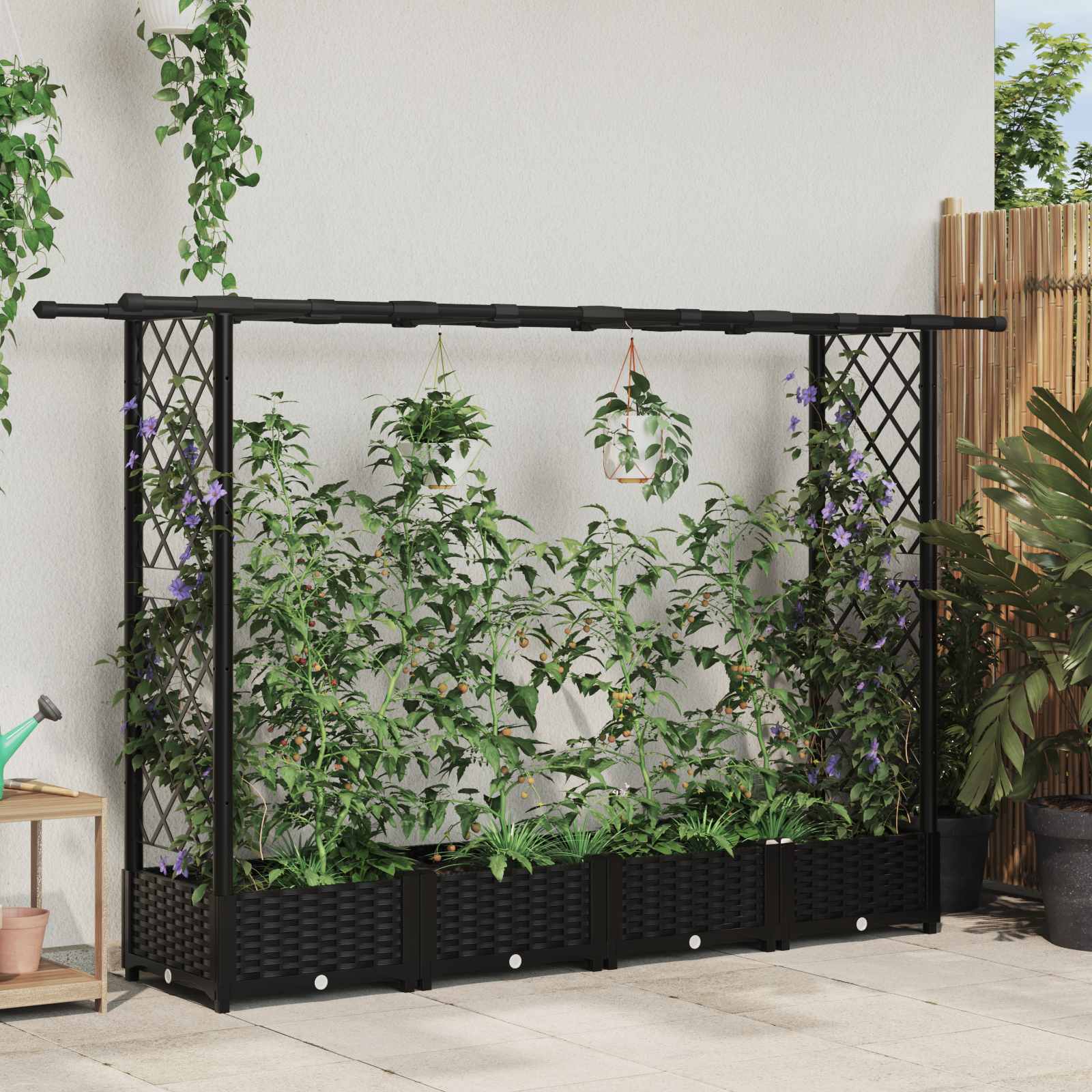 Magasított ágy trellis-szel és tetővel fekete 203 x 40 x 123 cm
