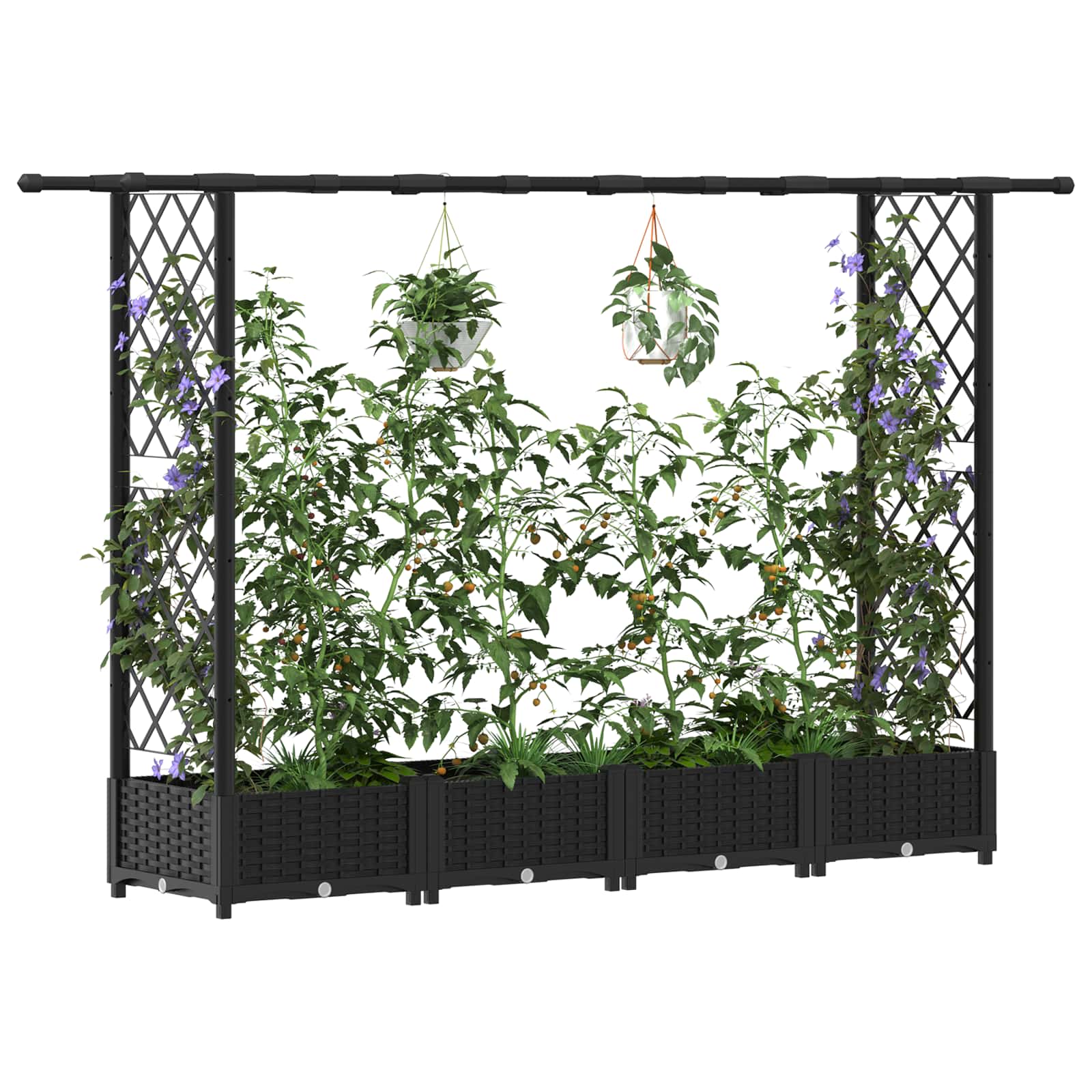 Magasított ágy trellis-szel és tetővel fekete 203 x 40 x 123 cm