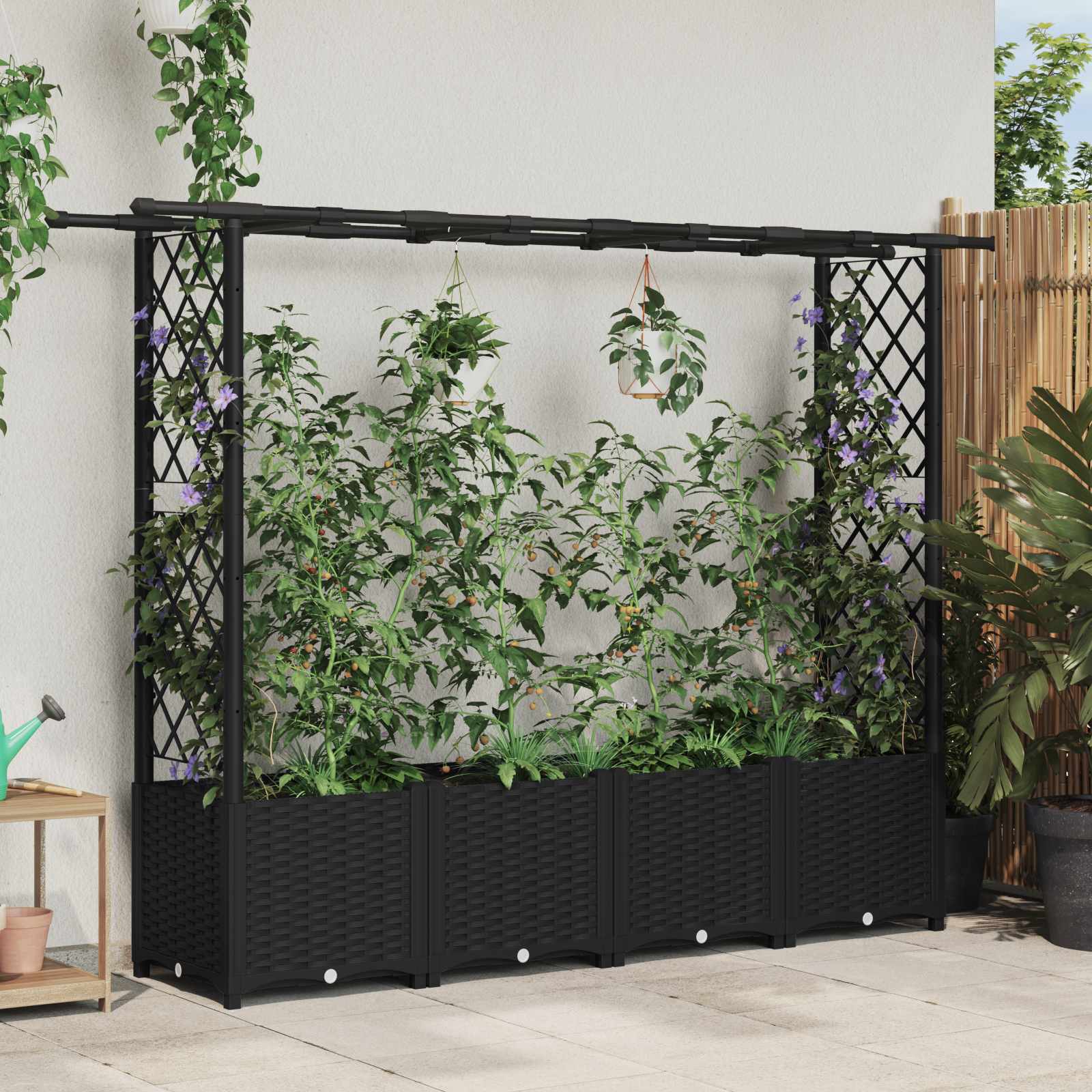 Magasított ágy trellis-szel és tetővel fekete 203 x 40 x 138 cm