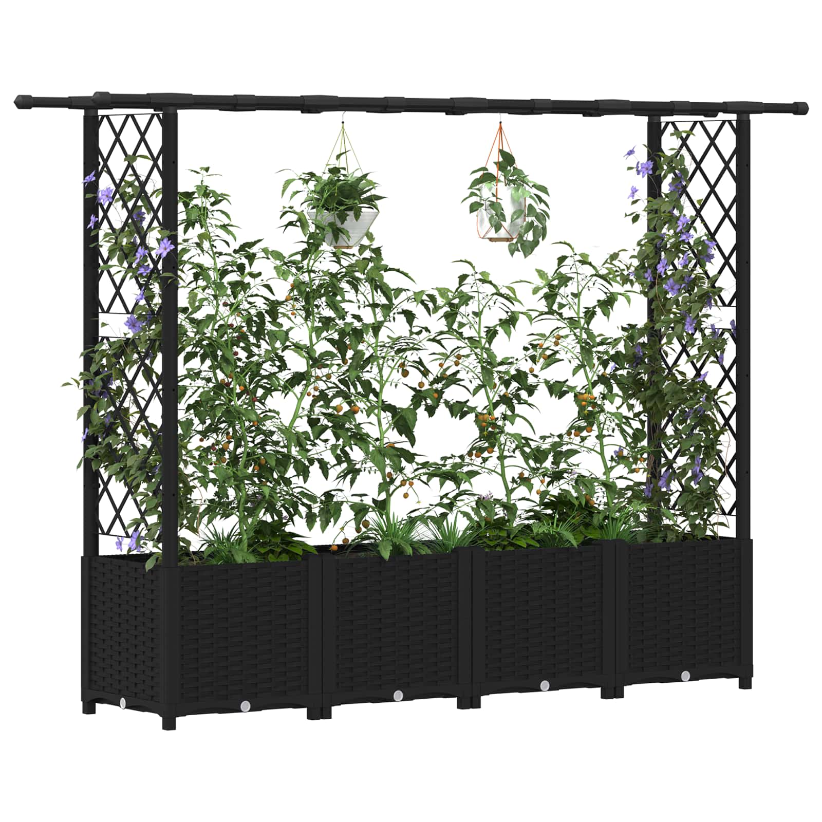 Magasított ágy trellis-szel és tetővel fekete 203 x 40 x 138 cm