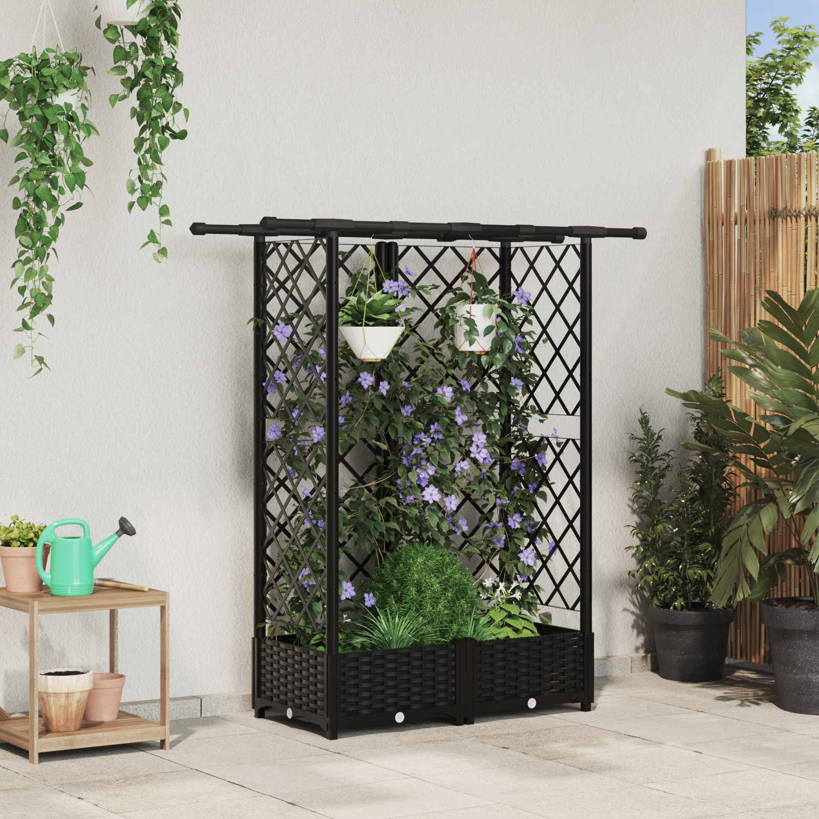 Magasított ágy trellis-szel és tetővel fekete 124 x 40 x 123 cm