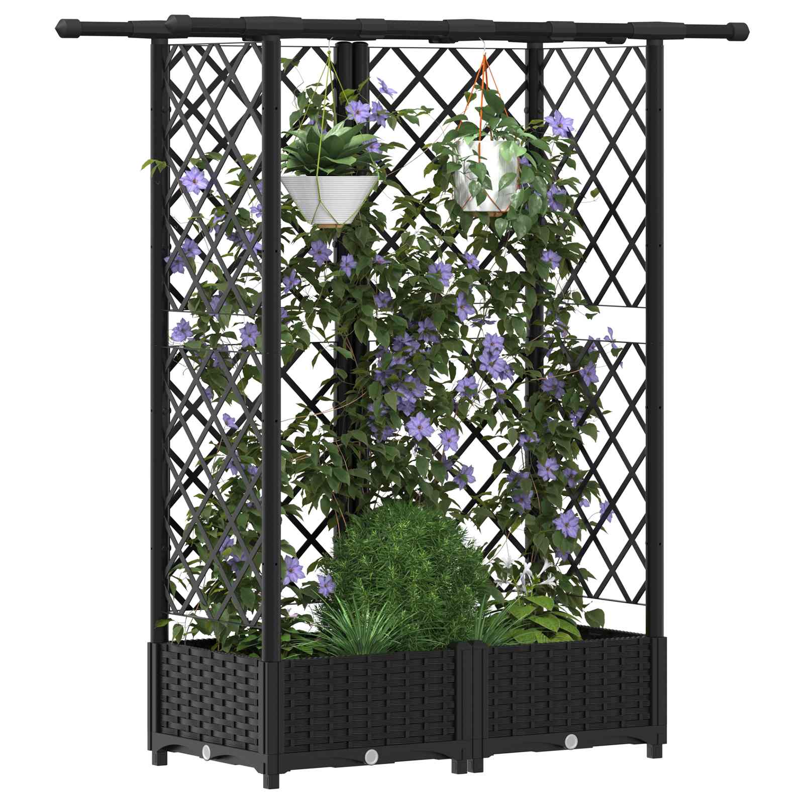 Magasított ágy trellis-szel és tetővel fekete 124 x 40 x 123 cm