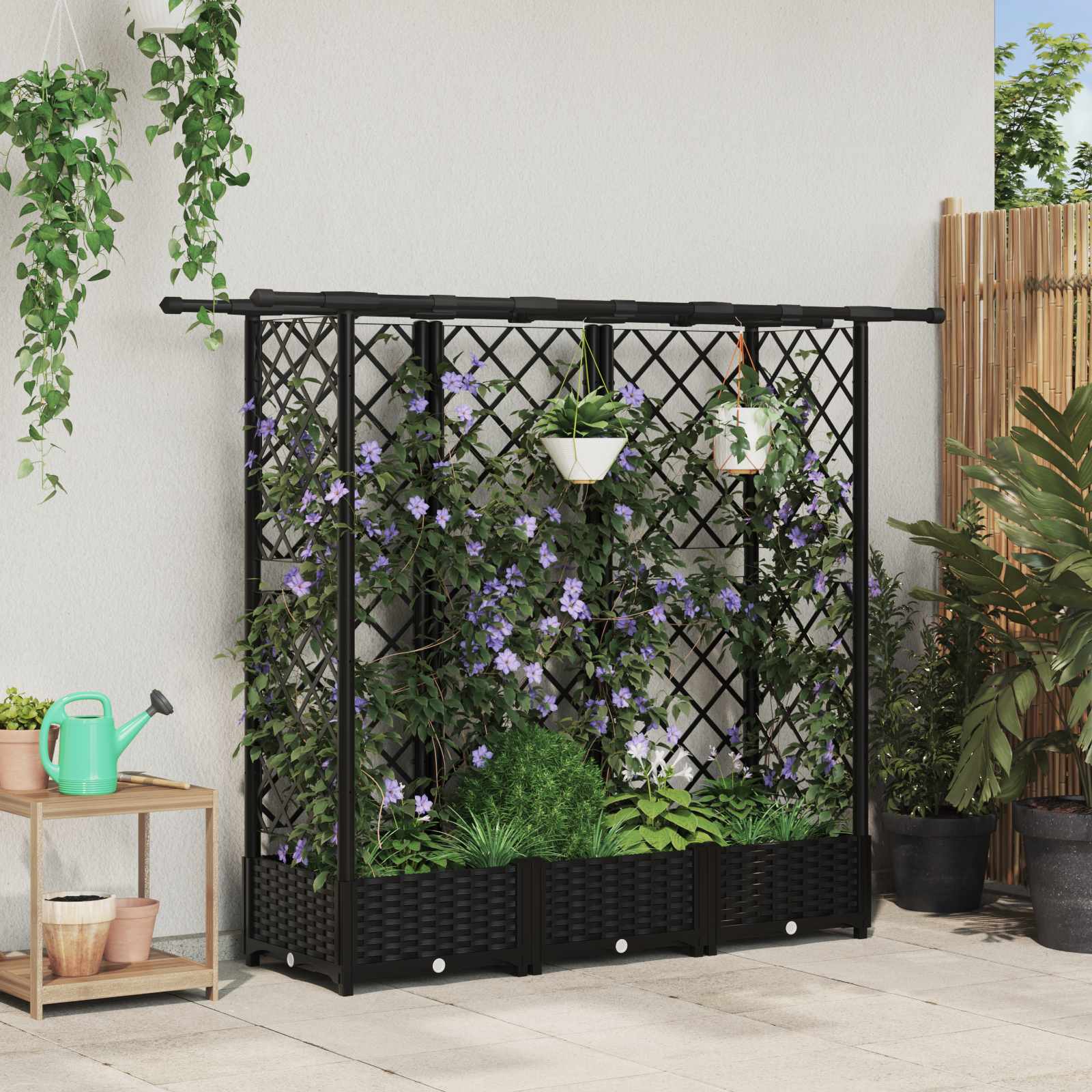 Magasított ágy trellis-szel és tetővel fekete 164 x 40 x 123 cm