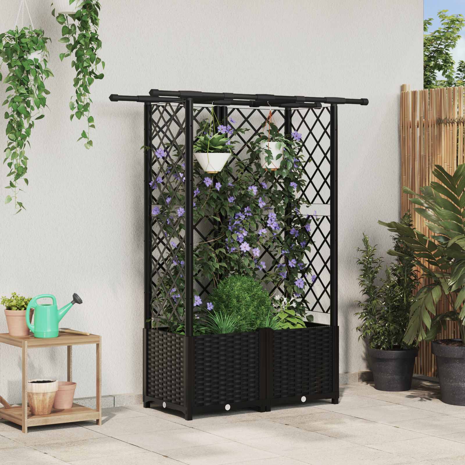 Magasított ágy trellis-szel és tetővel fekete 124 x 40 x 138 cm