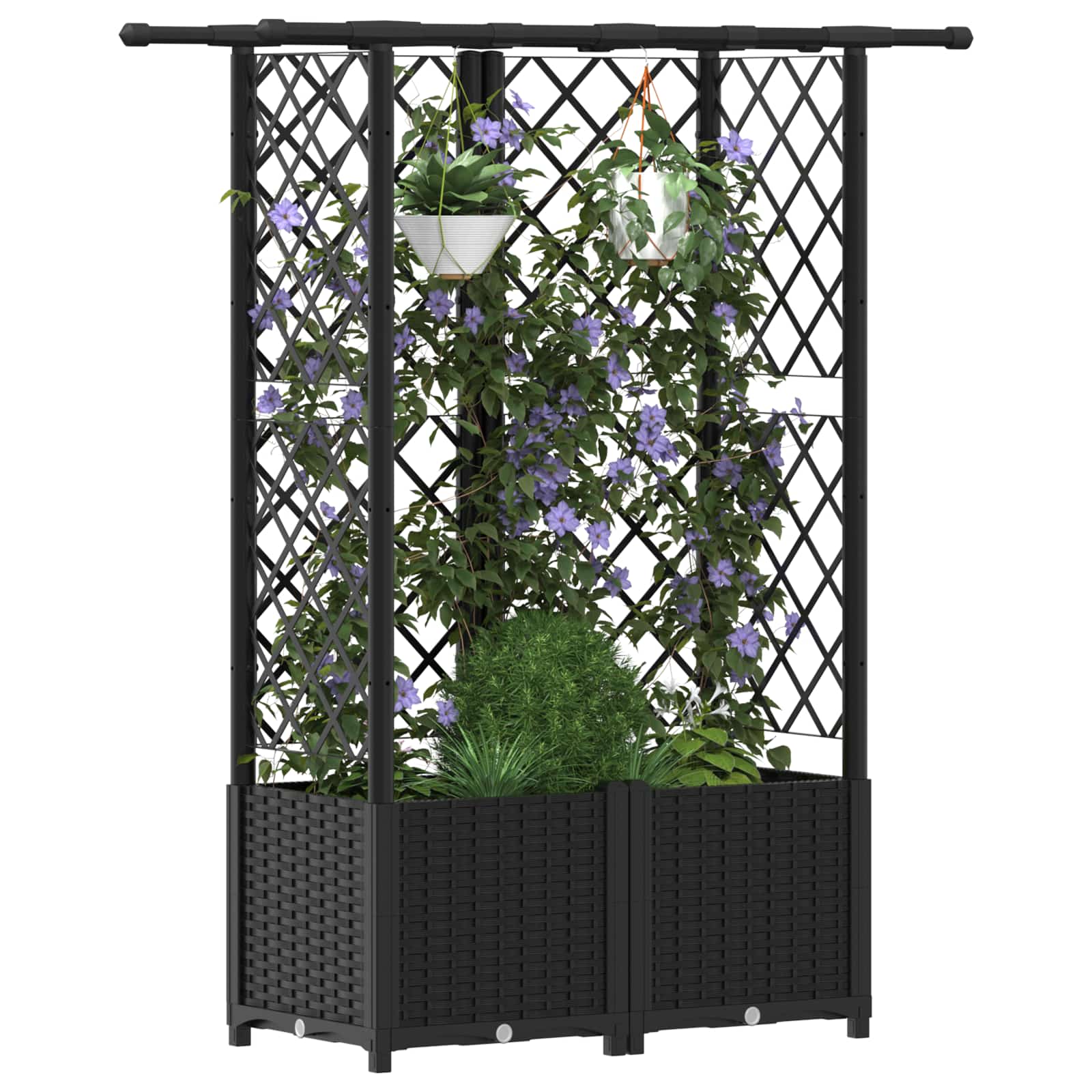 Magasított ágy trellis-szel és tetővel fekete 124 x 40 x 138 cm