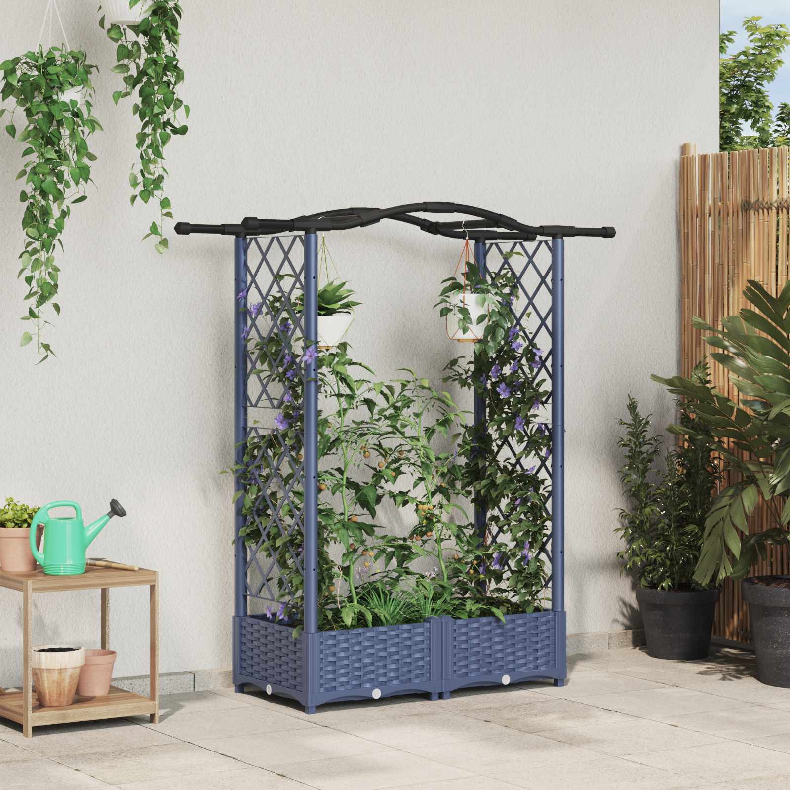 Magasított ágy trellis-szel és tetővel szürke 124 x 40 x 125 cm