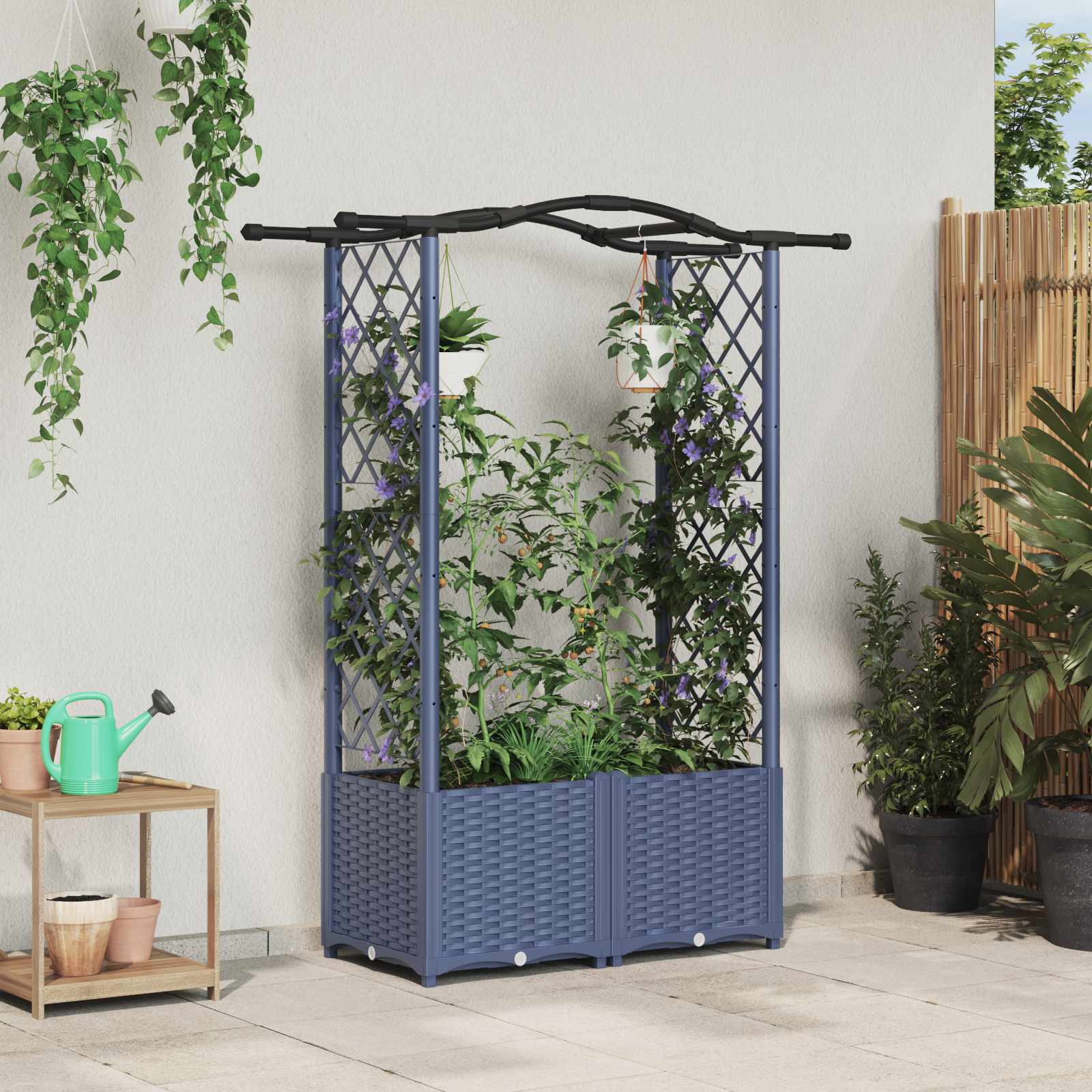 Magasított ágy trellis-szel és tetővel szürke 125 x 40 x 138 cm