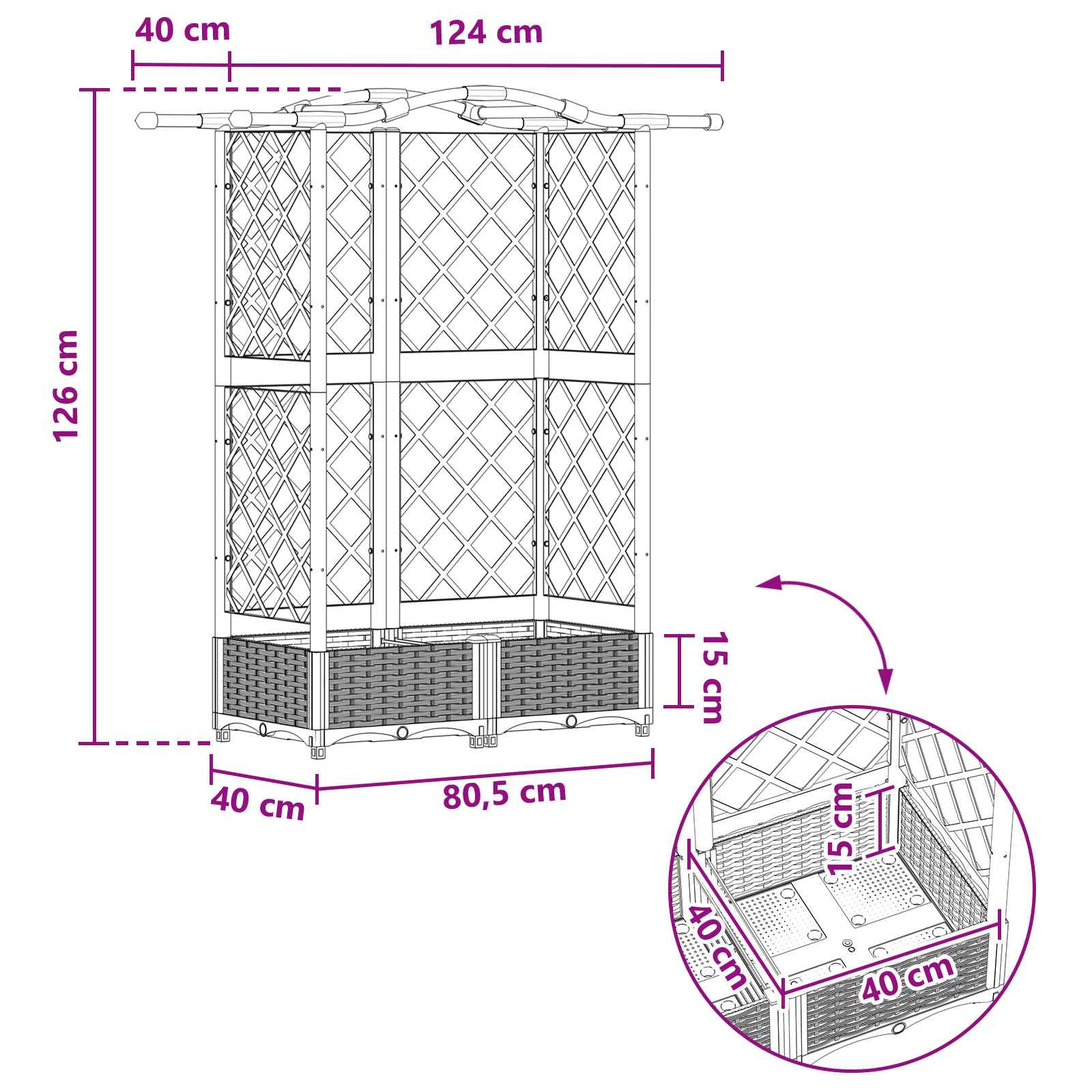 Magasított ágy trellis-szel és tetővel szürke 124 x 40 x 126 cm