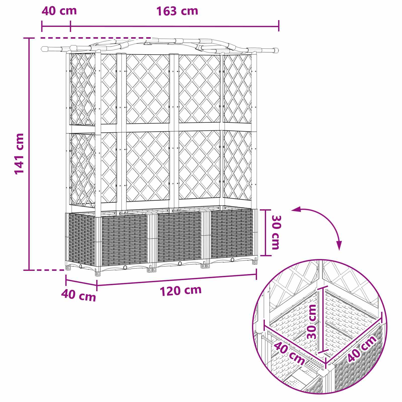 Magasított ágy trellis-szel és tetővel szürke 163 x 40 x 141 cm