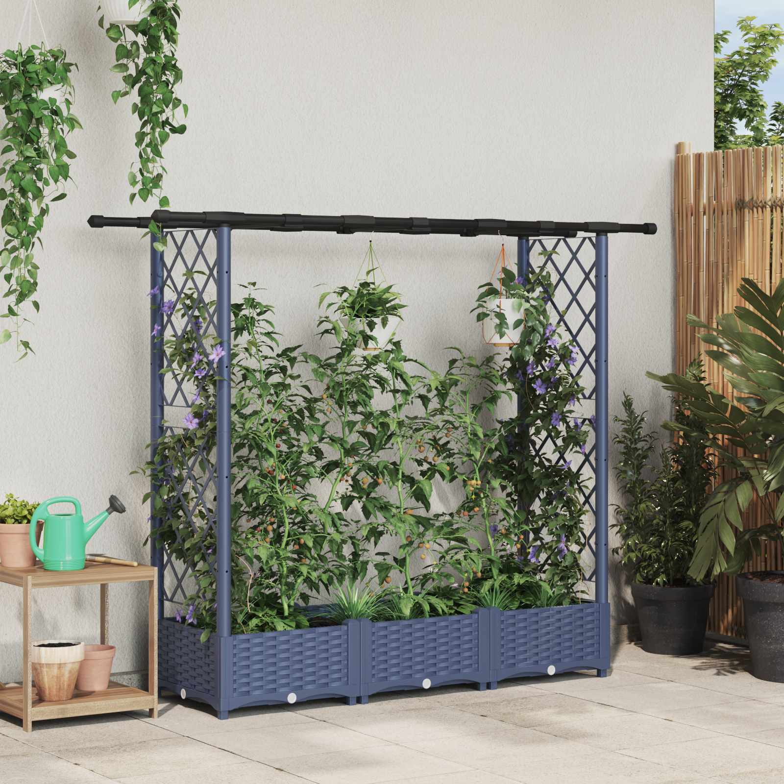Magasított ágy trellis-szel és tetővel szürke 164 x 40 x 123 cm