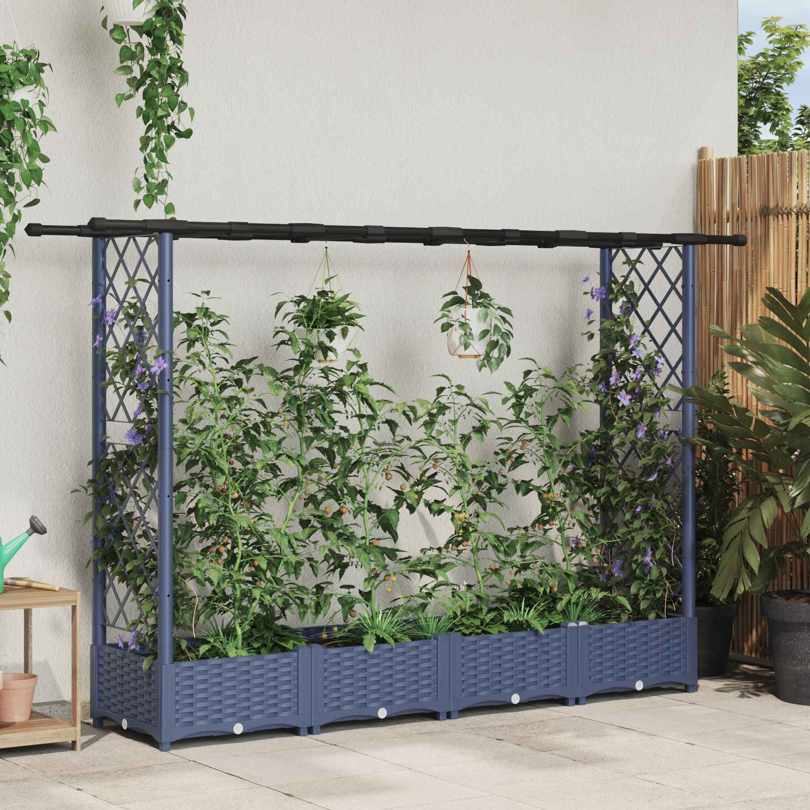 Magasított ágy trellis-szel és tetővel szürke 203 x 40 x 123 cm