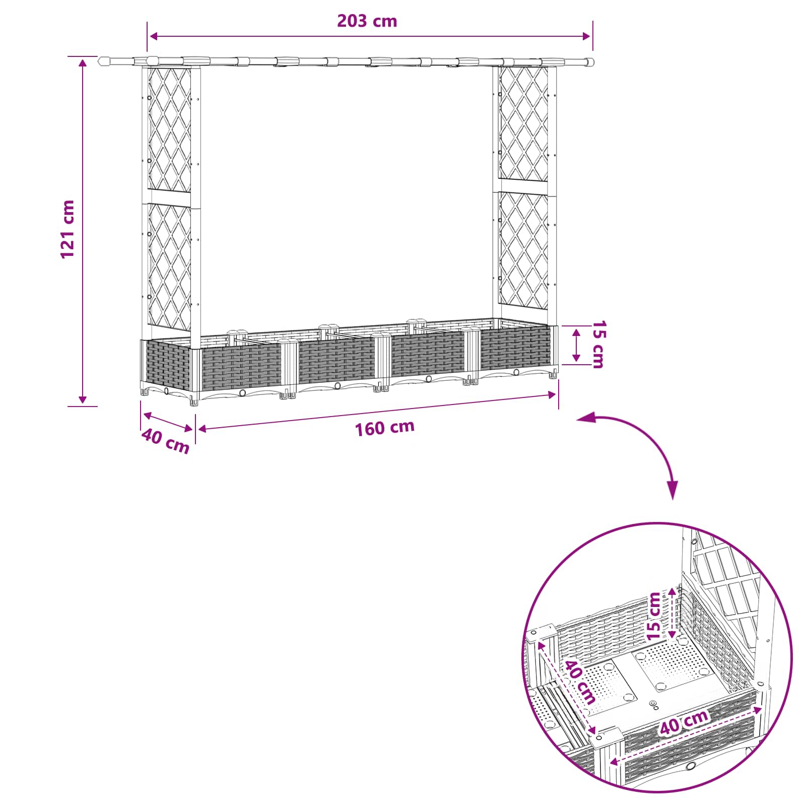 Magasított ágy trellis-szel és tetővel szürke 203 x 40 x 123 cm