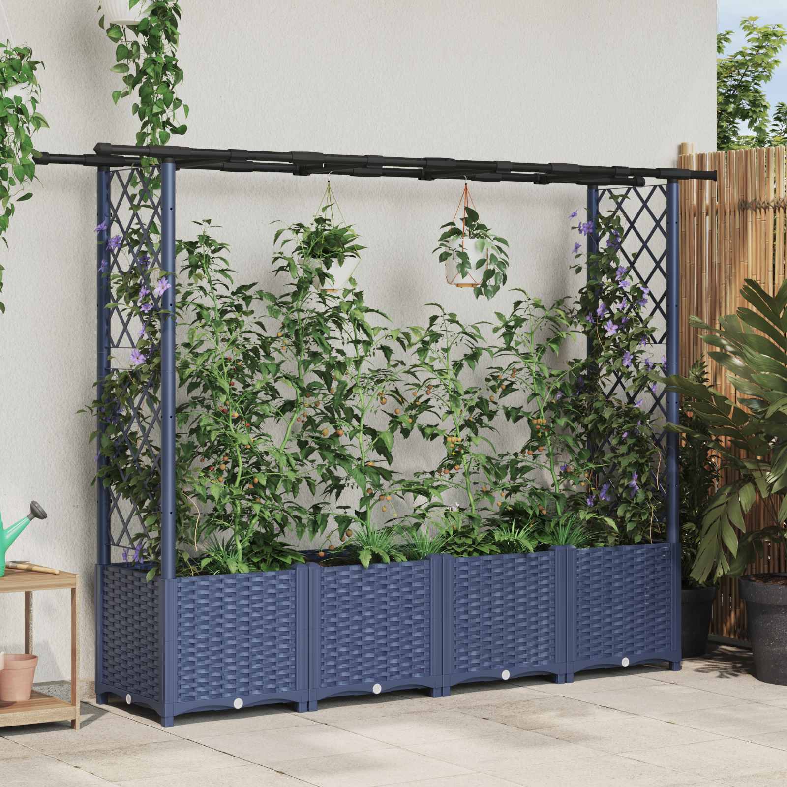 Magasított ágy trellis-szel és tetővel szürke 203 x 40 x 138 cm