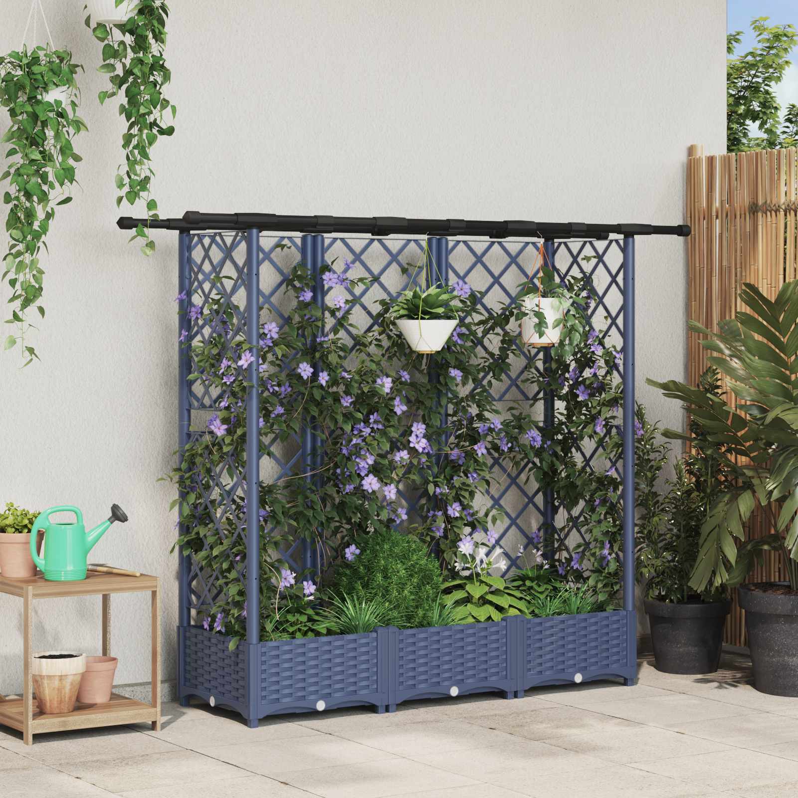 Magasított ágy trellis-szel és tetővel szürke 164 x 40 x 123 cm