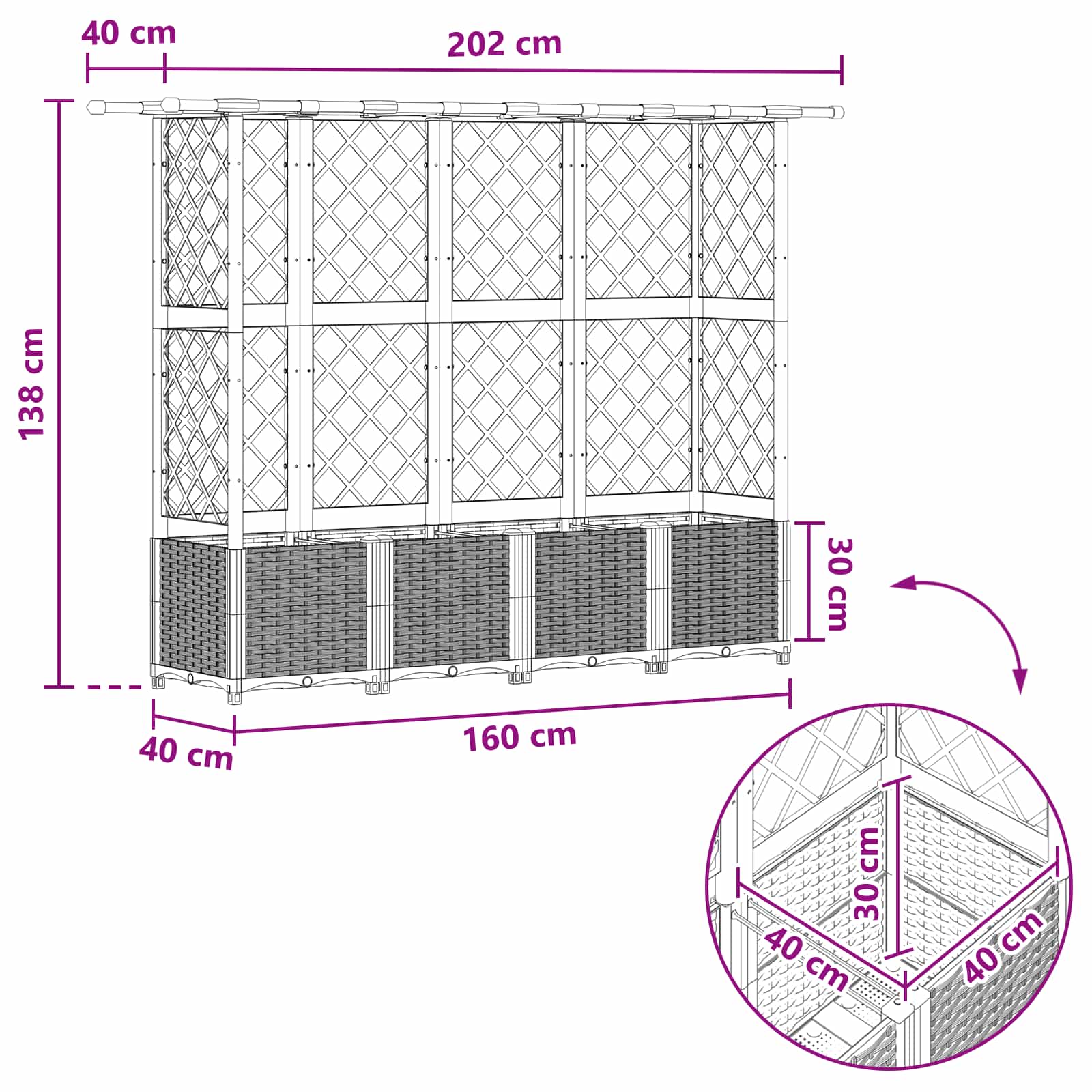 Magasított ágy trellis-szel és tetővel szürke 202 x 40 x 138 cm