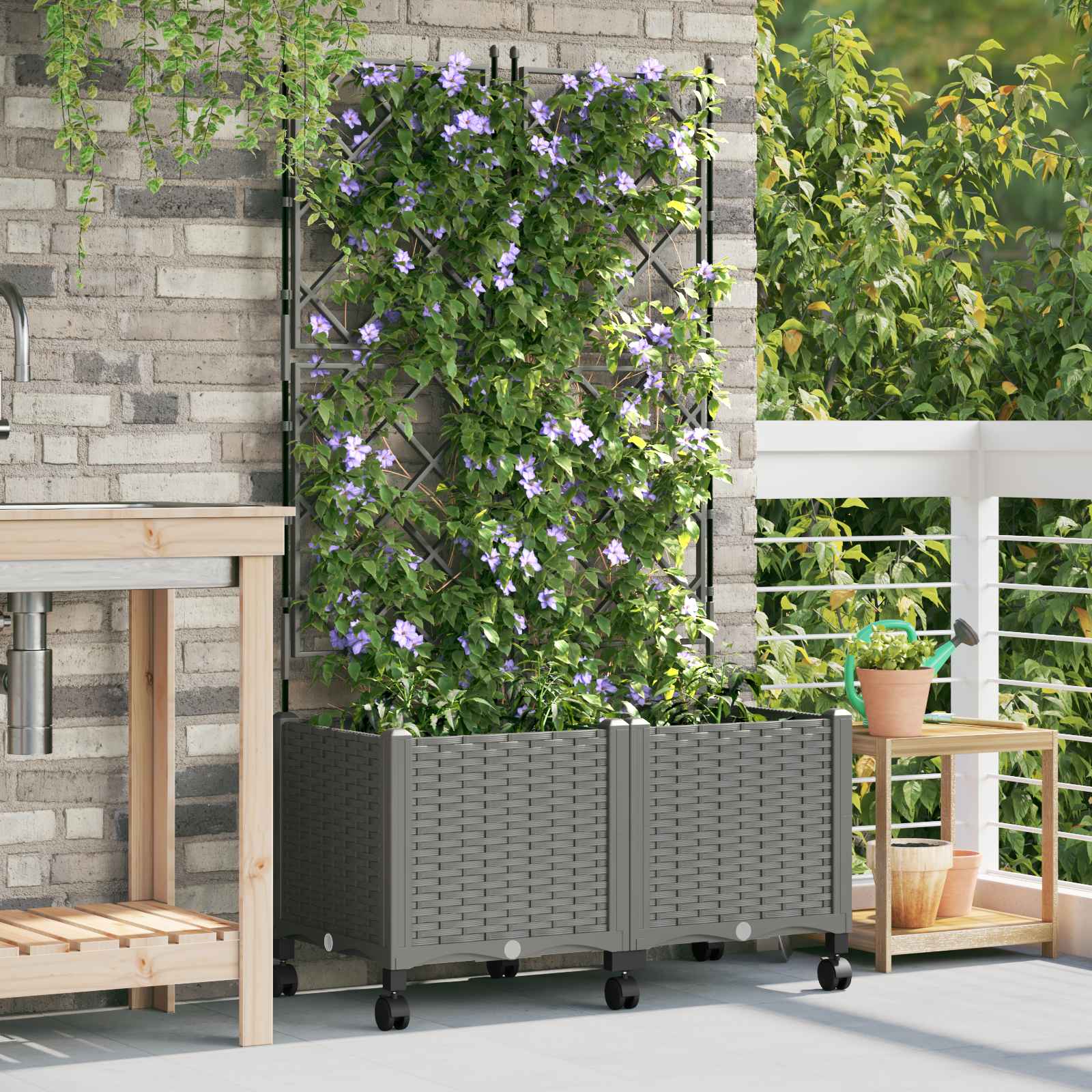 Kert ültető edény trellisszel és kerekekkel 2 db világosszürke