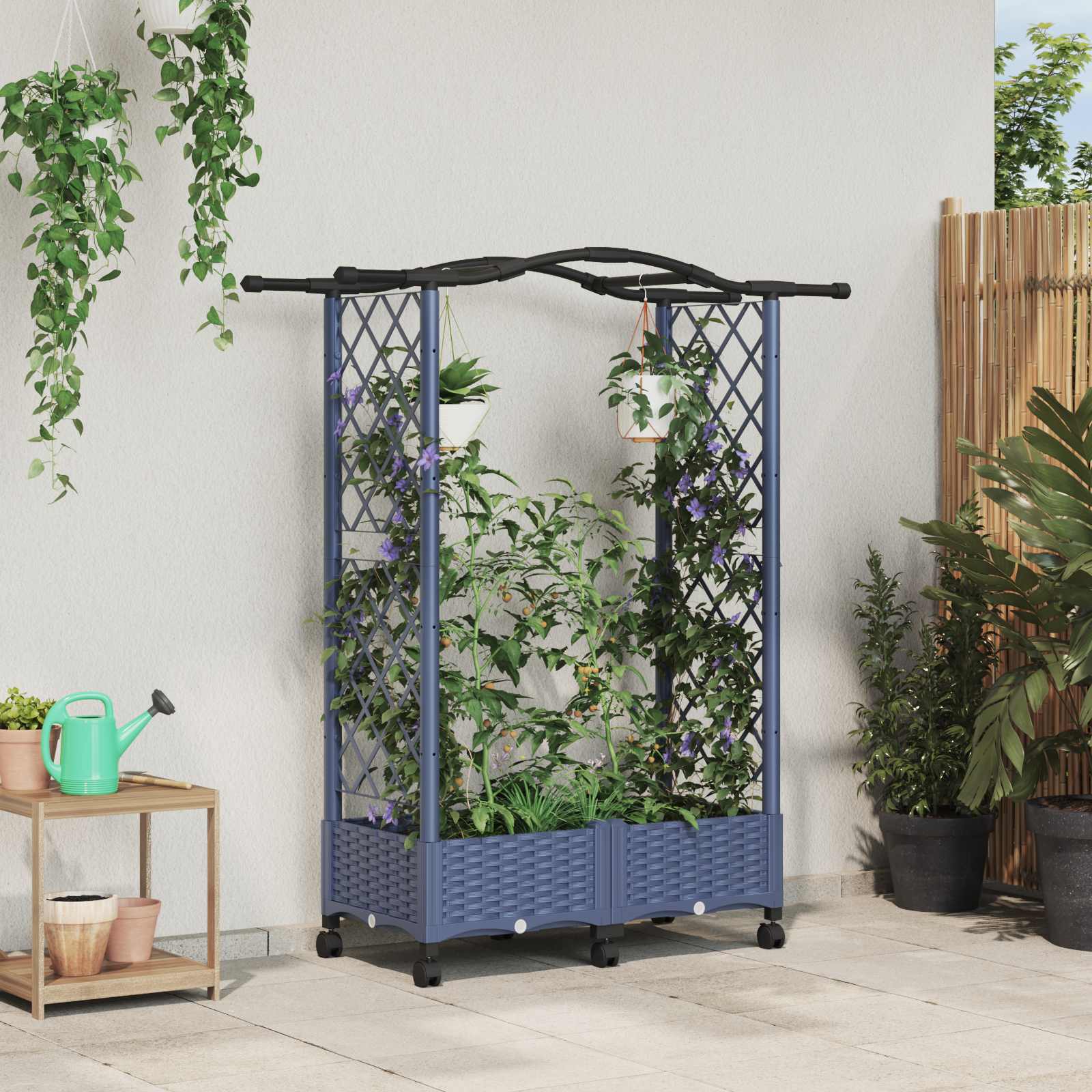 Magasított ágy trellis-szel és tetővel szürke 124 x 40 x 129 cm