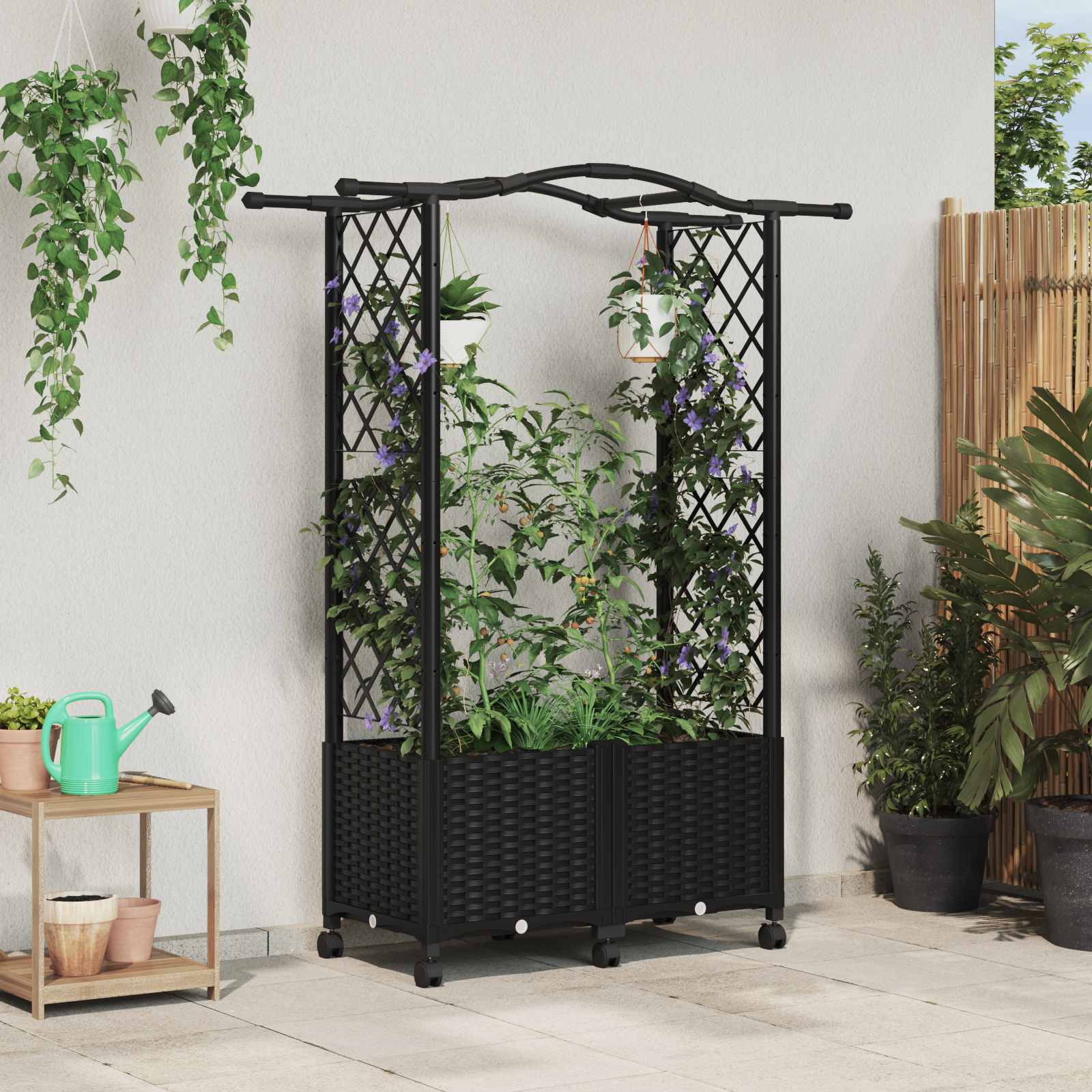 Magasított ágy trellis-szel és tetővel fekete 125 x 40 x 144 cm