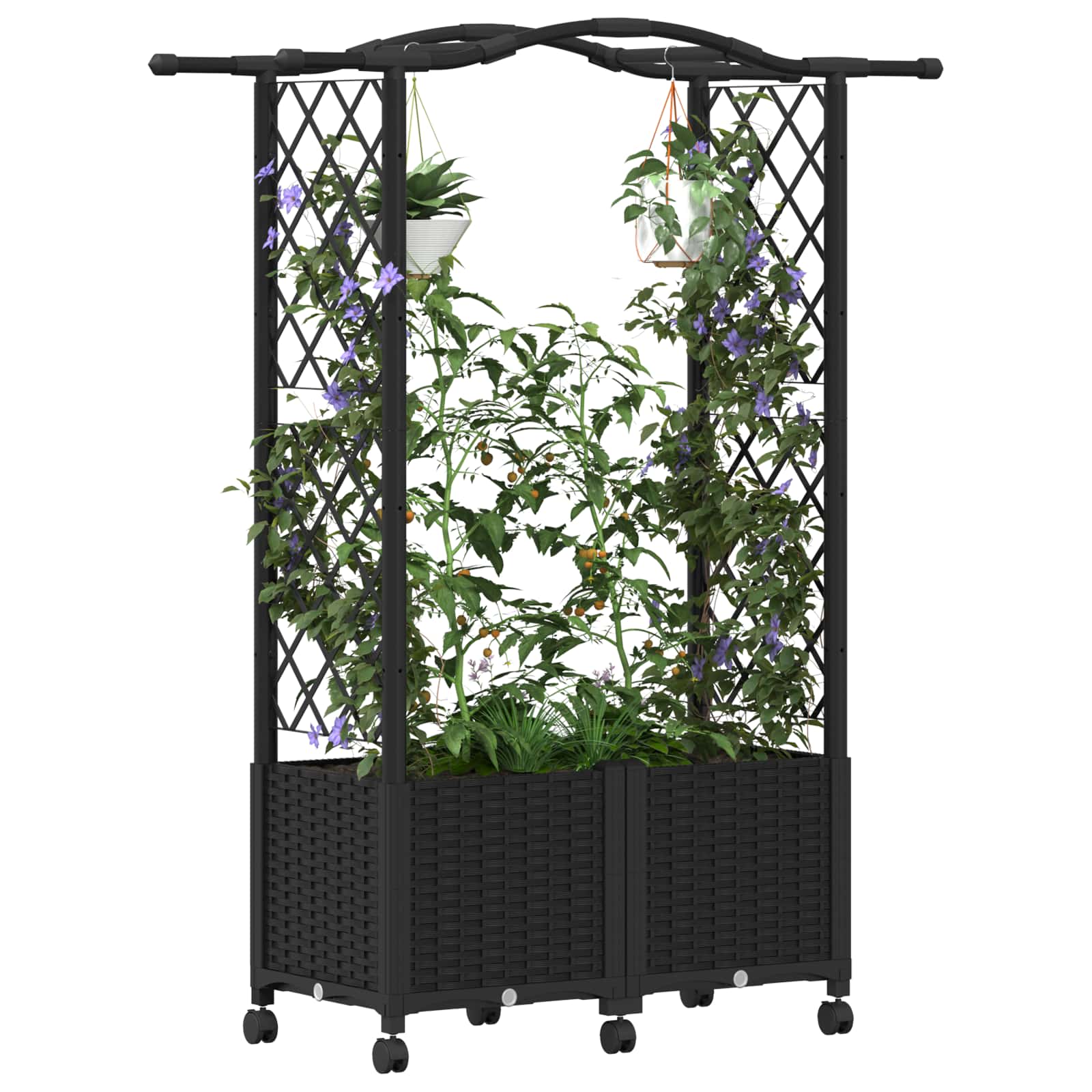 Magasított ágy trellis-szel és tetővel fekete 125 x 40 x 144 cm