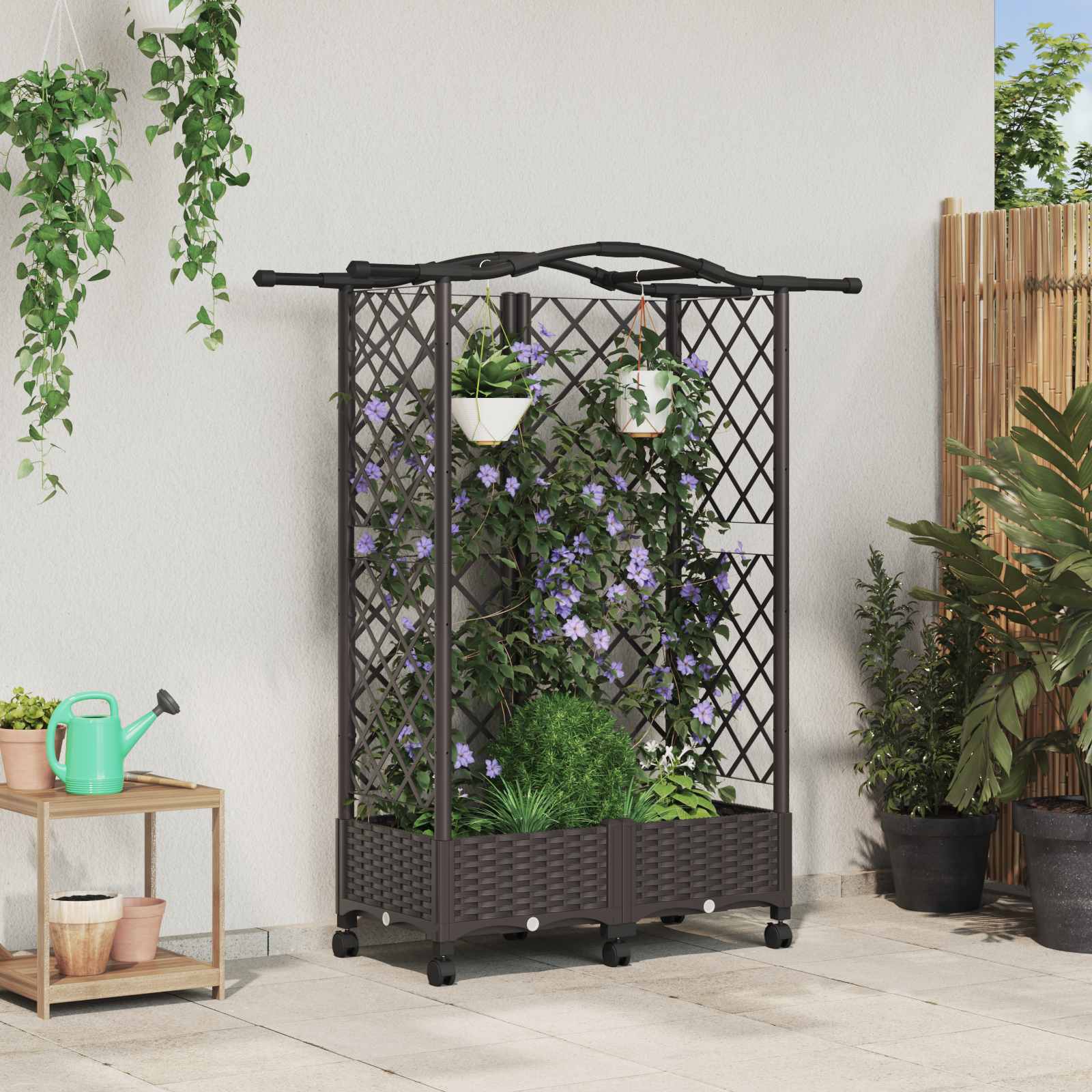 Magasított ágy trellis-szel és tetővel barna 124 x 40 x 129 cm