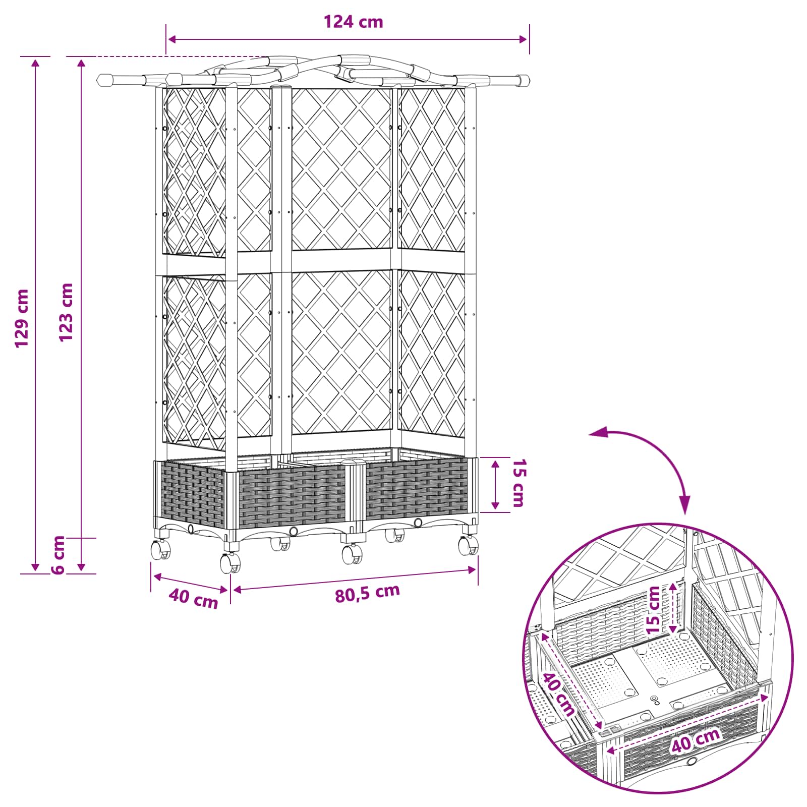 Magasított ágy trellis-szel és tetővel barna 124 x 40 x 129 cm