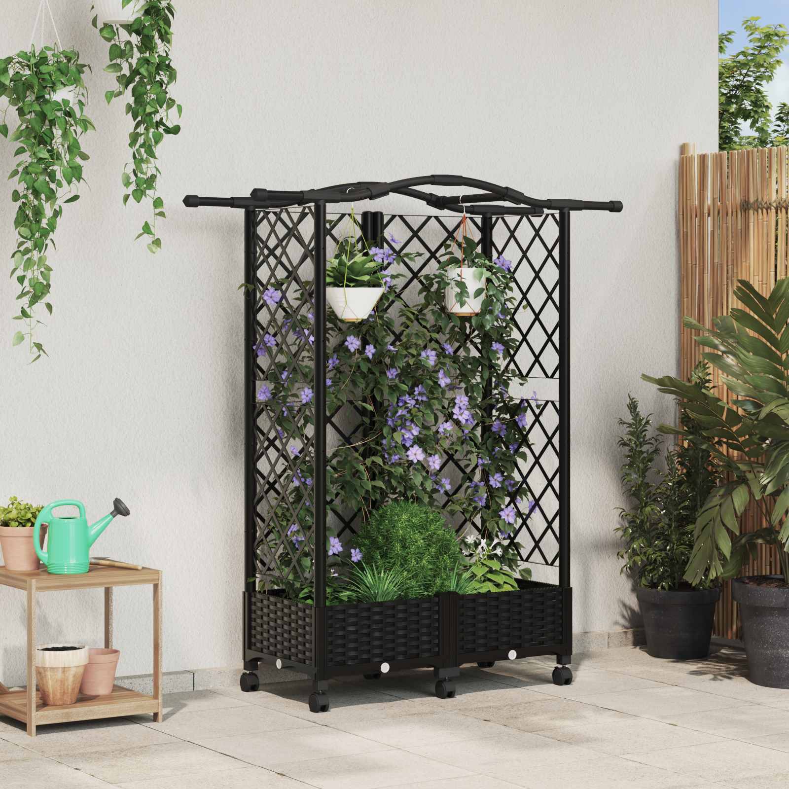 Magasított ágy trellis-szel és tetővel fekete 124 x 40 x 129 cm