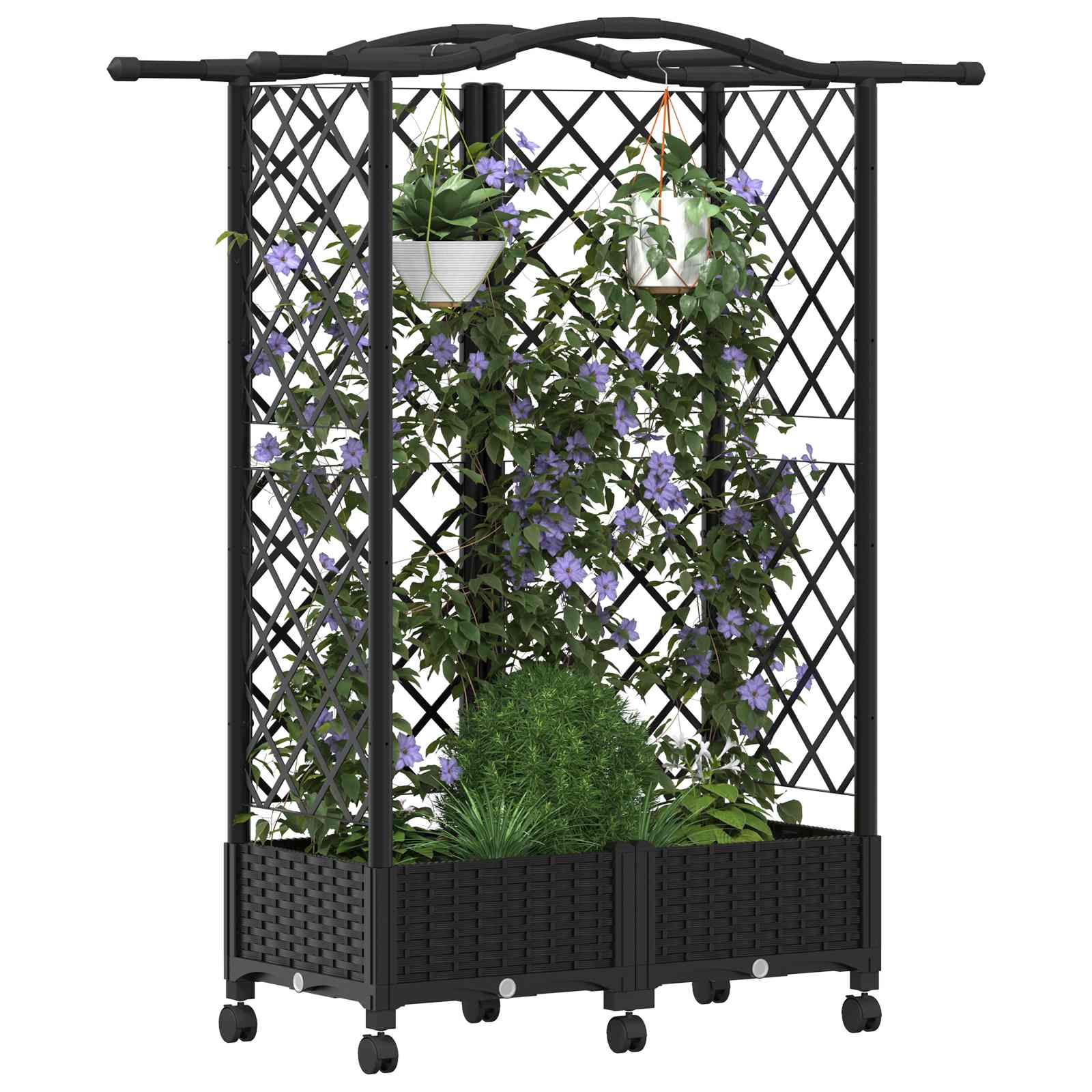 Magasított ágy trellis-szel és tetővel fekete 124 x 40 x 129 cm