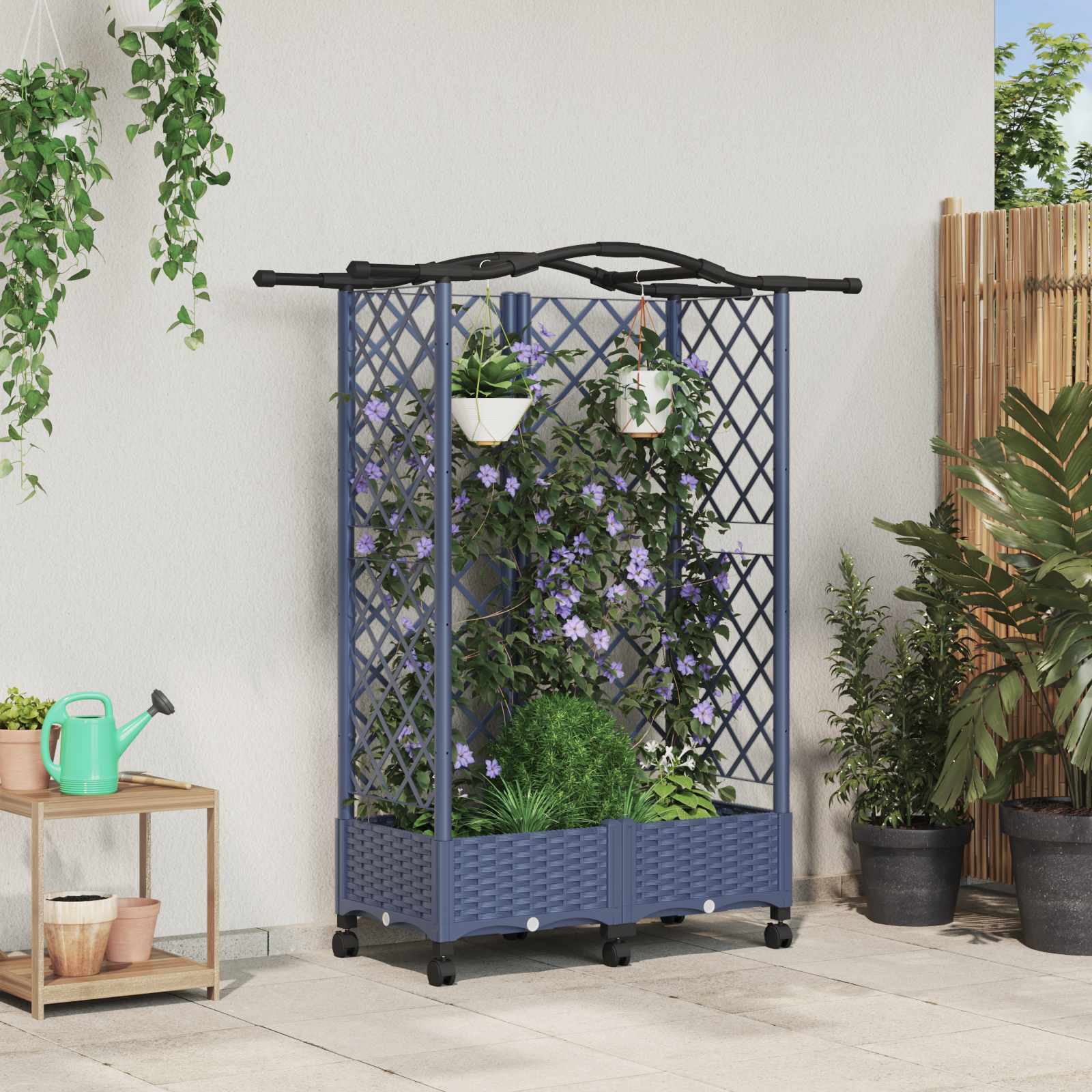 Magasított ágy trellis-szel és tetővel szürke 124 x 40 x 129 cm