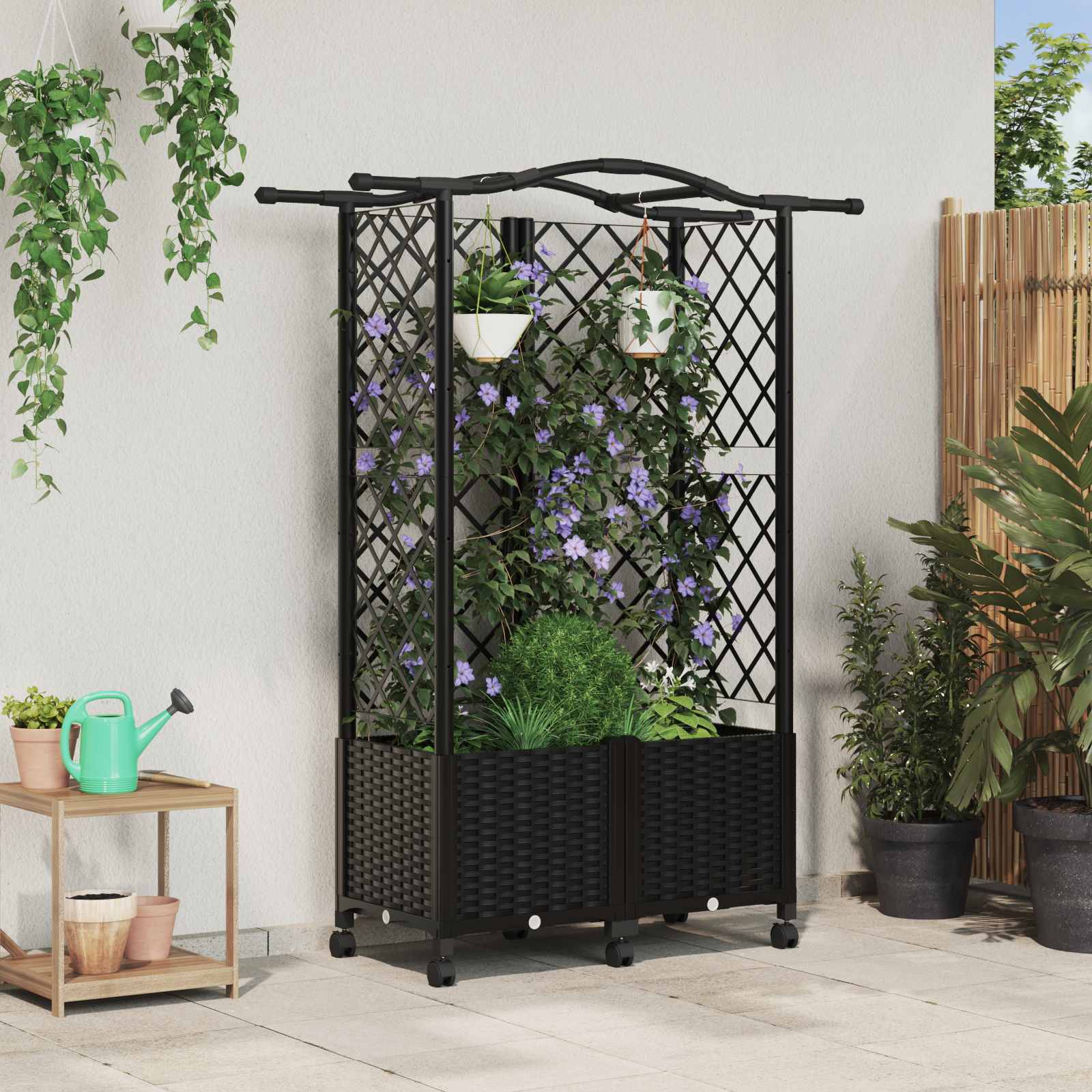 Magasított ágy trellis-szel és tetővel fekete 122 x 40 x 144 cm