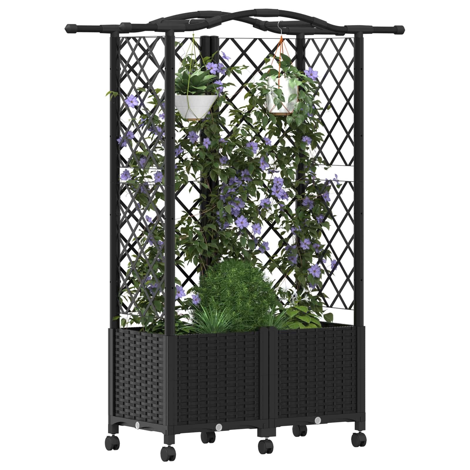 Magasított ágy trellis-szel és tetővel fekete 122 x 40 x 144 cm
