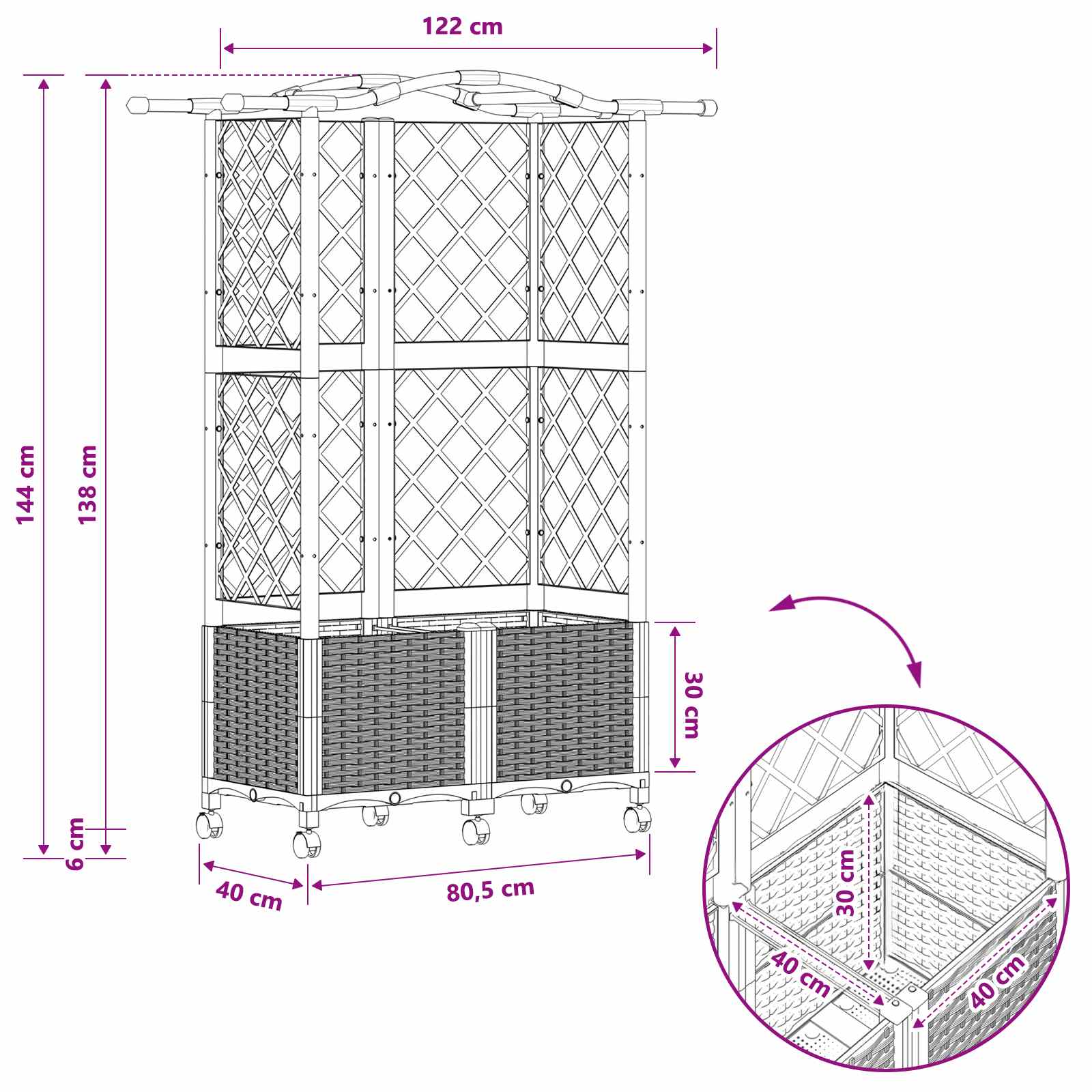 Magasított ágy trellis-szel és tetővel fekete 122 x 40 x 144 cm