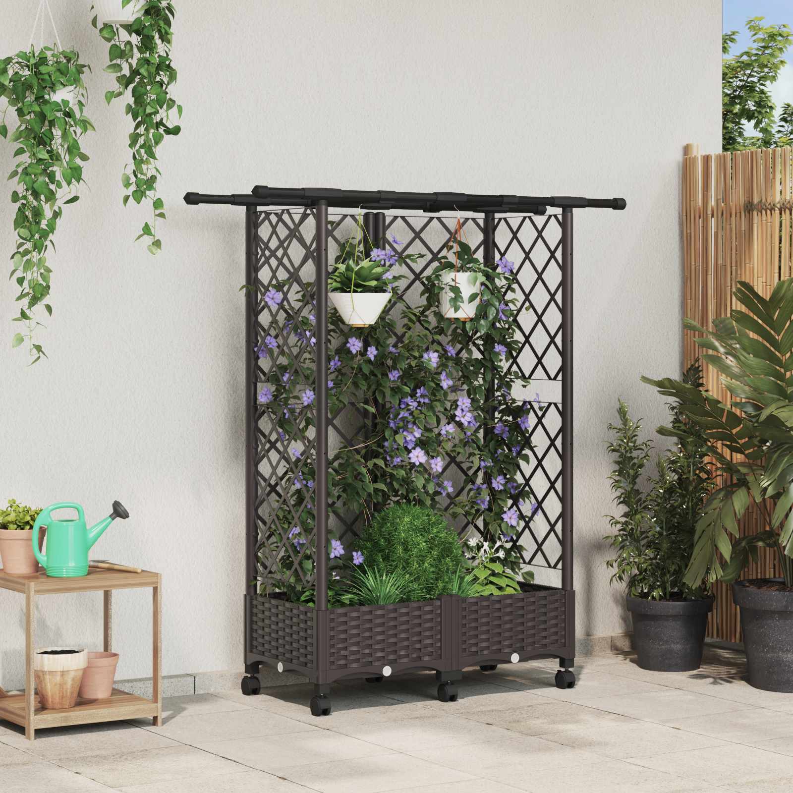 Magasított ágy trellis-szel és tetővel barna 124 x 40 x 127 cm