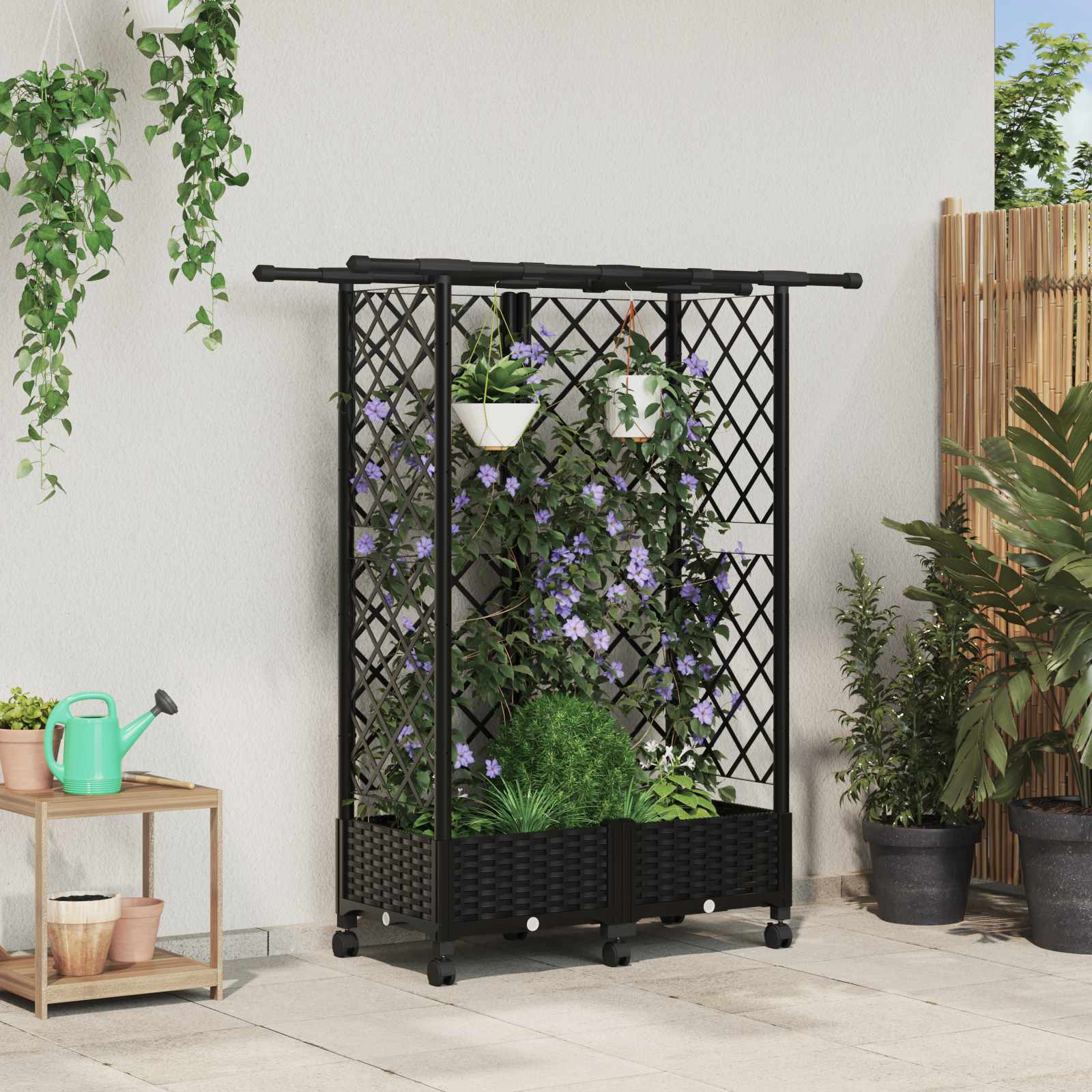 Magasított ágy trellis-szel és tetővel fekete 124 x 40 x 127 cm