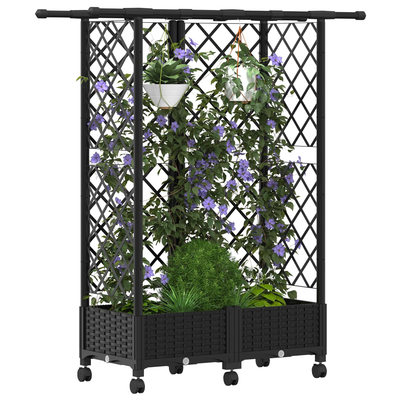 Magasított ágy trellis-szel és tetővel fekete 124 x 40 x 127 cm