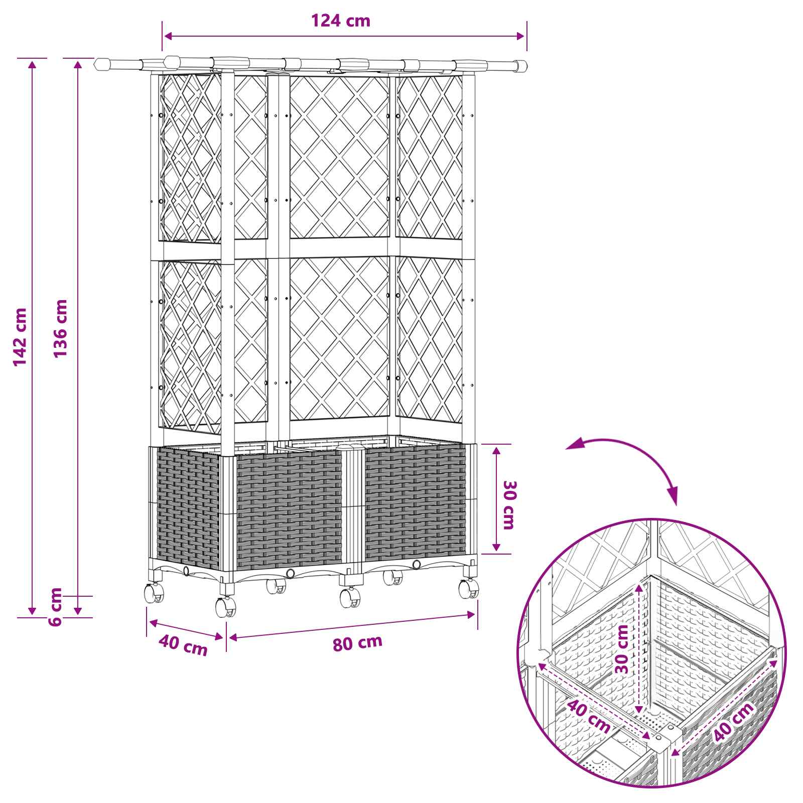 Magasított ágy trellis-szel és tetővel barna 124 x 40 x 142 cm