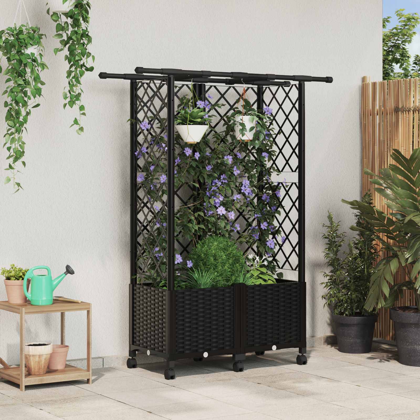 Magasított ágy trellis-szel és tetővel fekete 124 x 40 x 142 cm