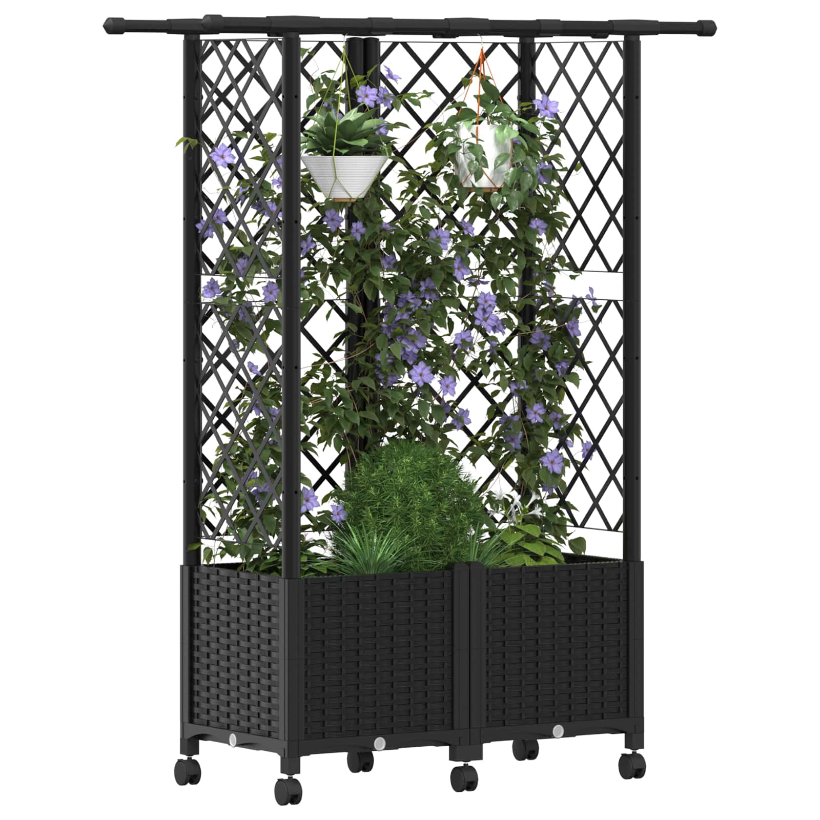 Magasított ágy trellis-szel és tetővel fekete 124 x 40 x 142 cm