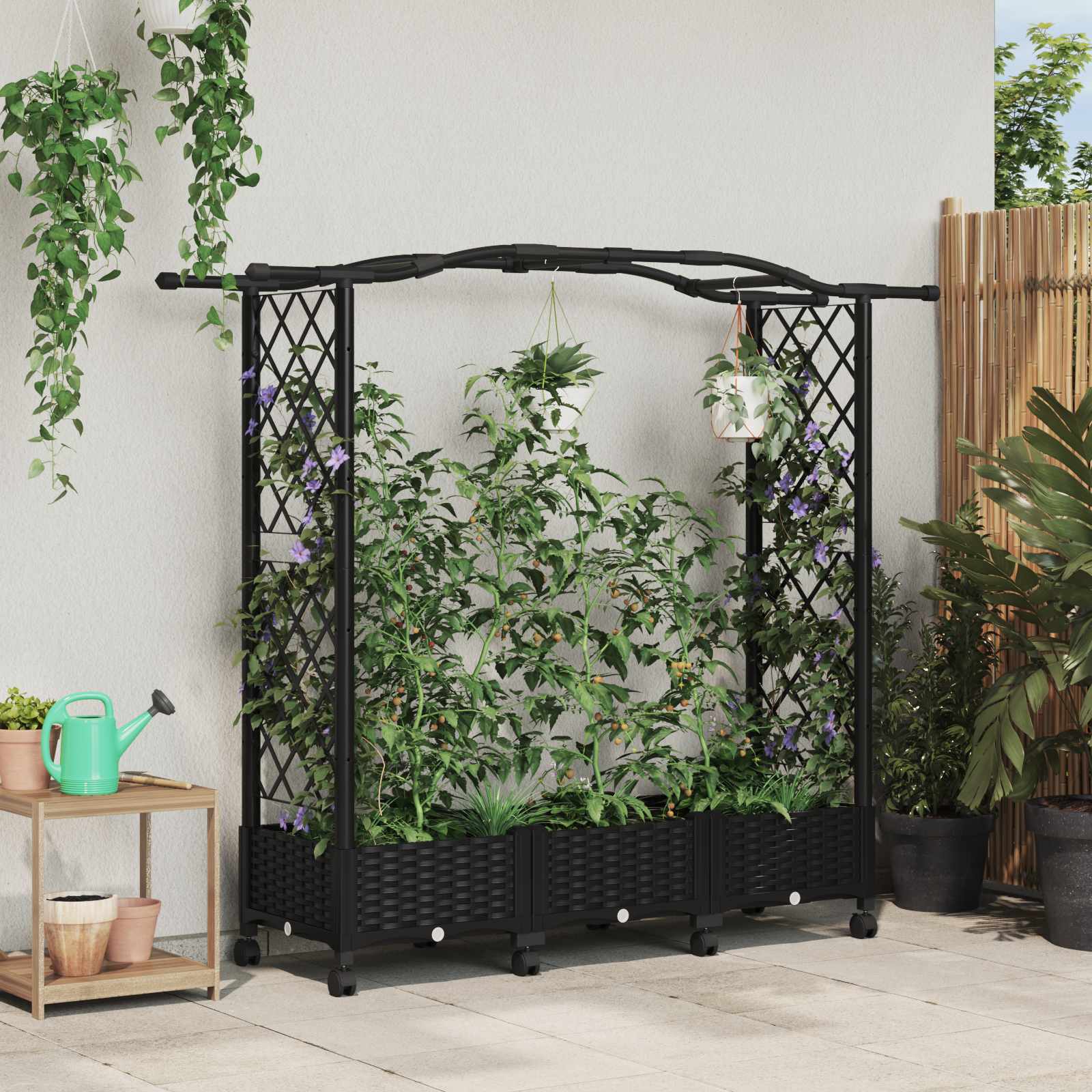 Magasított ágy trellis-szel és tetővel fekete 169 x 40 x 129 cm