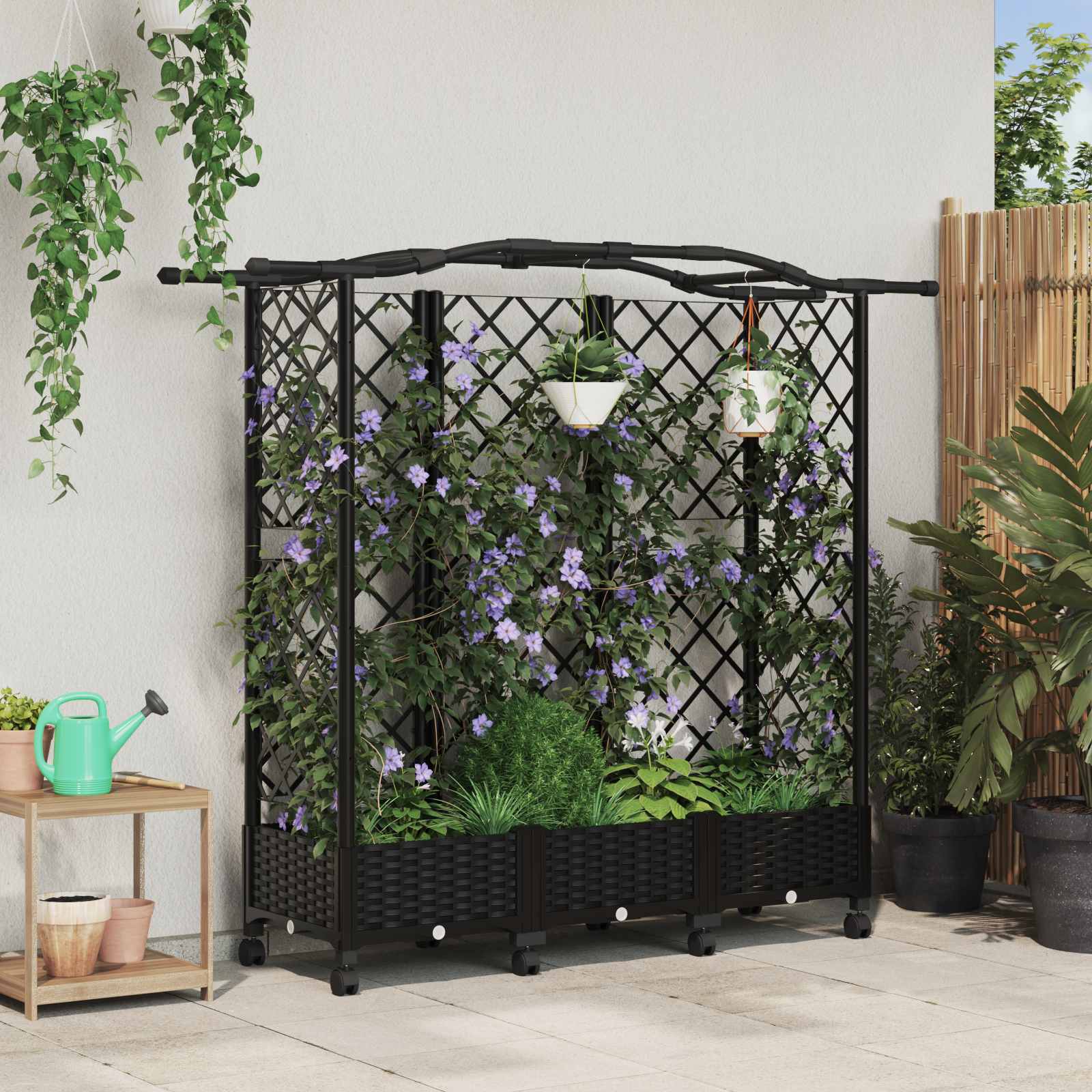 Magasított ágy trellis-szel és tetővel fekete 163 x 40 x 129 cm