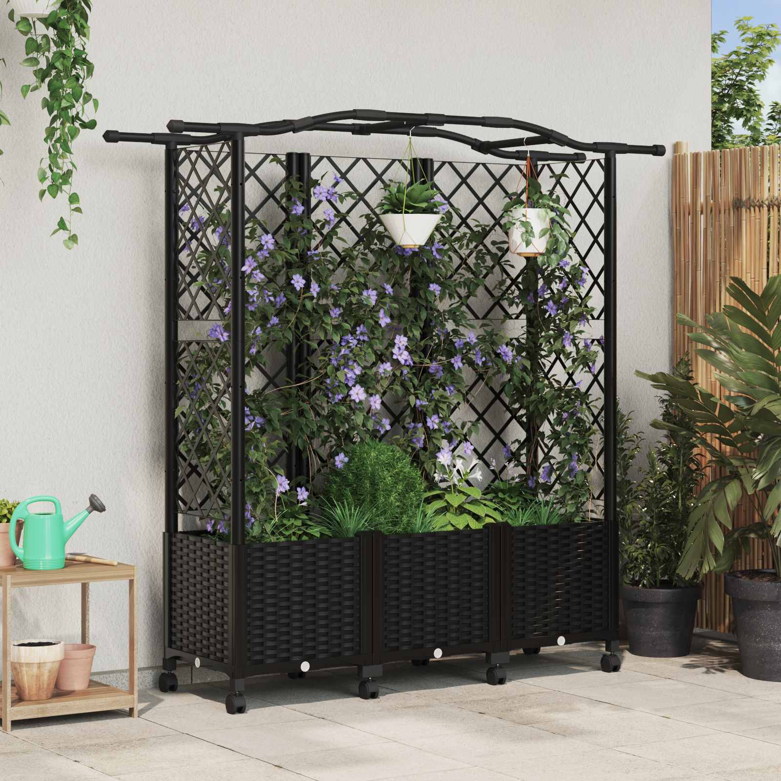 Magasított ágy trellis-szel és tetővel fekete 163 x 40 x 144 cm