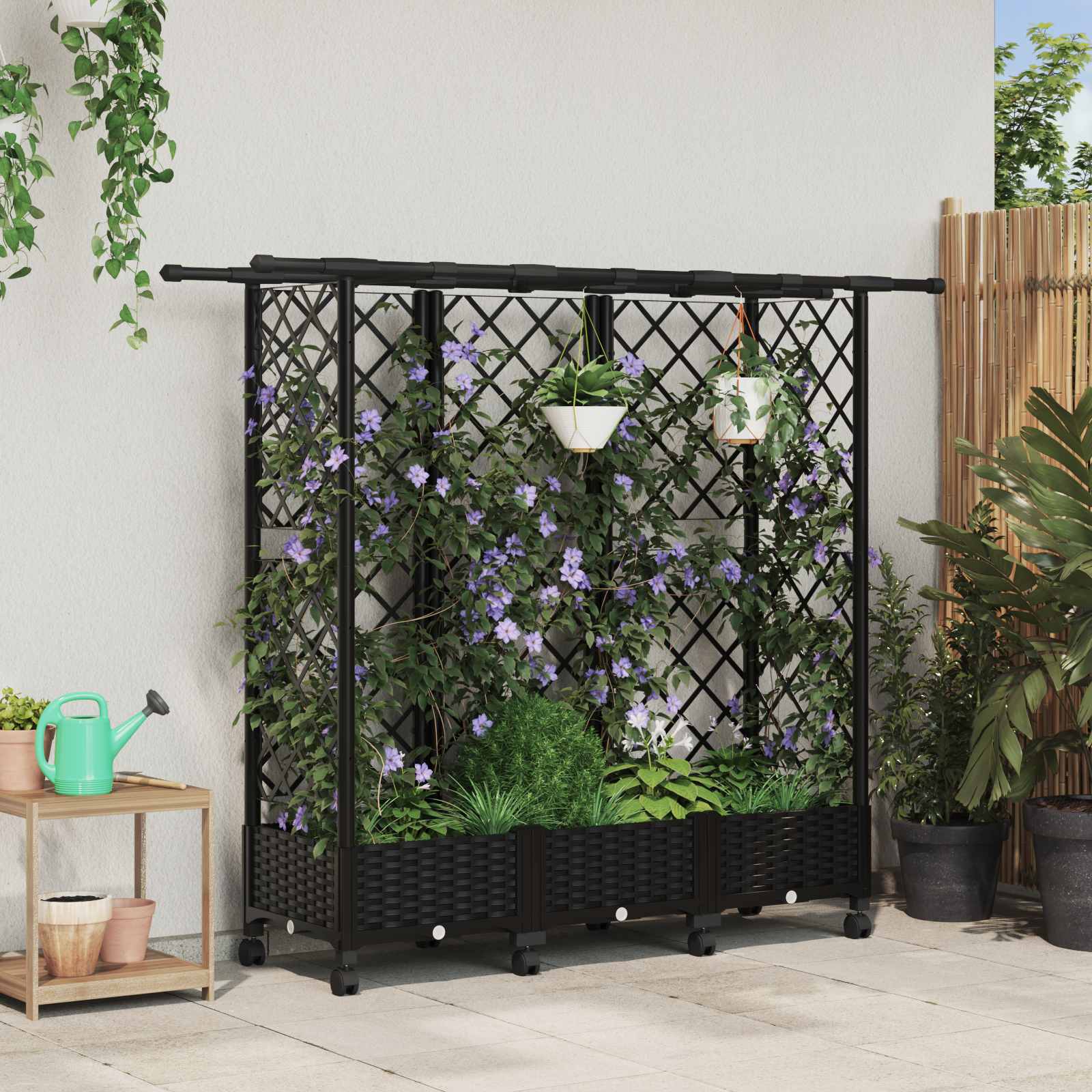 Magasított ágy trellis-szel és tetővel fekete 164 x 40 x 127 cm