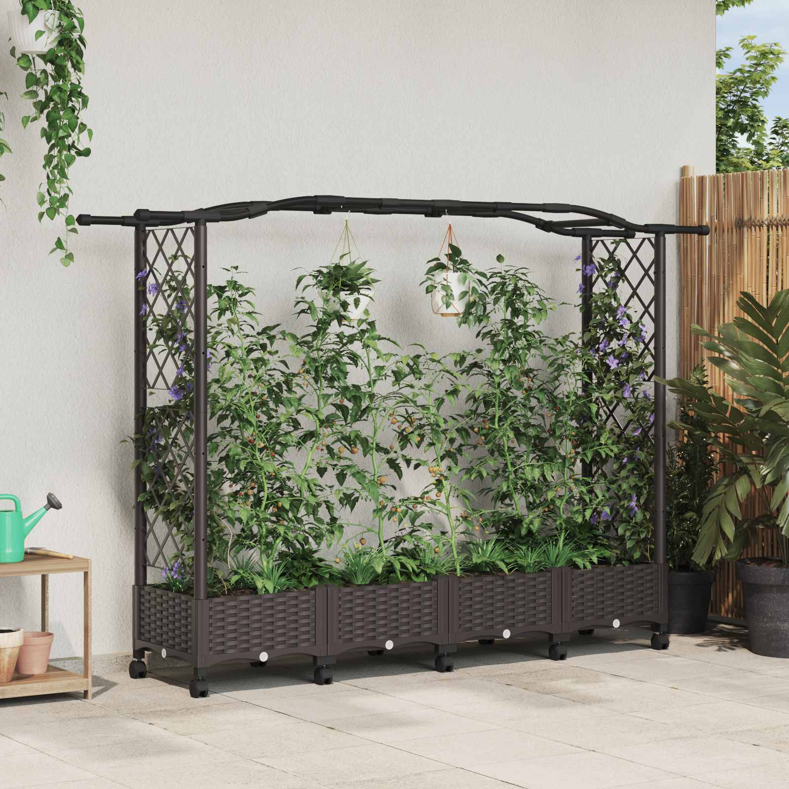 Magasított ágy trellis-szel és tetővel barna 207 x 40 x 129 cm