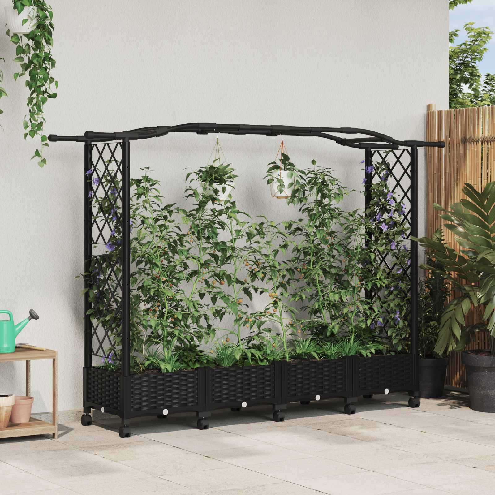 Magasított ágy trellis-szel és tetővel fekete 207 x 40 x 129 cm
