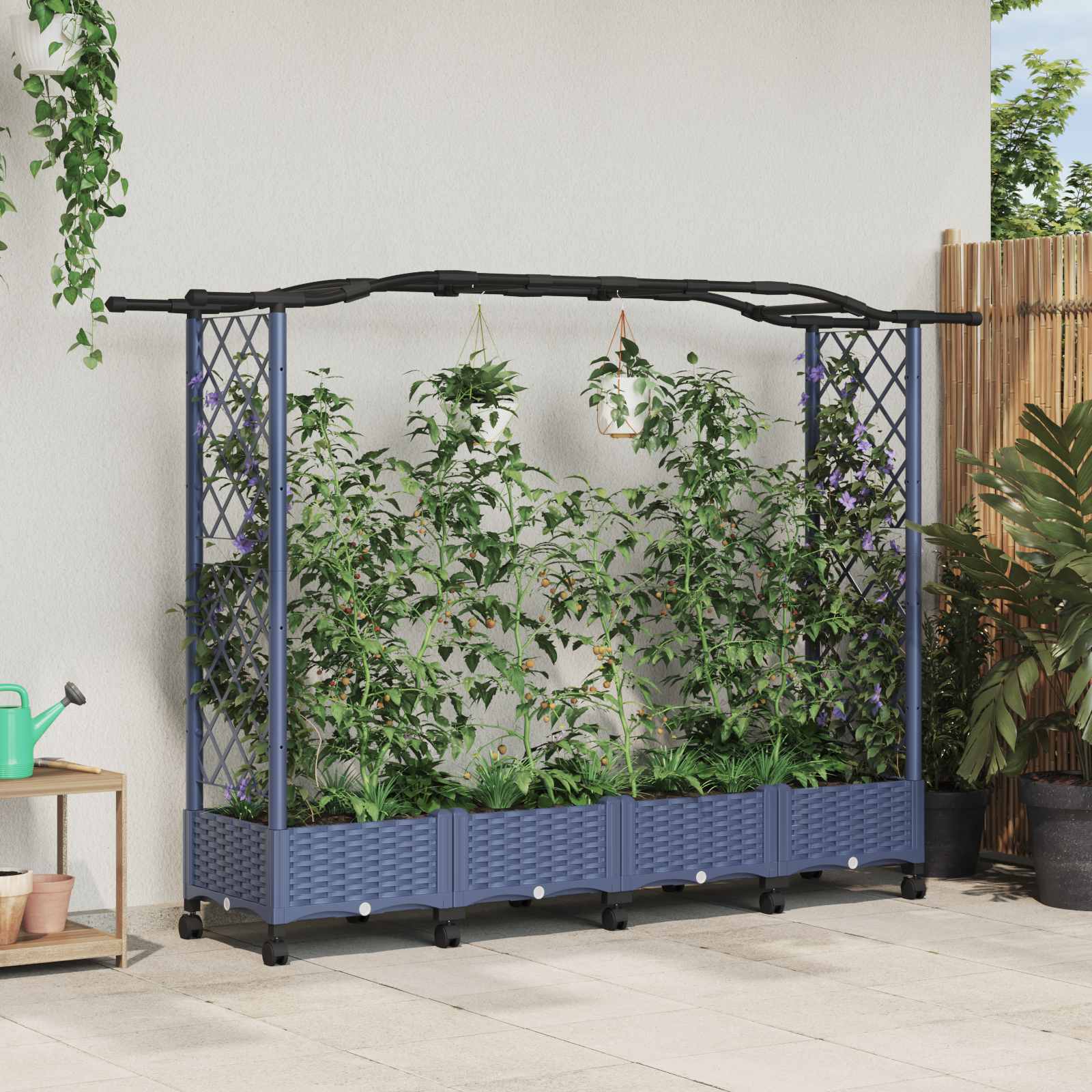 Magasított ágy trellis-szel és tetővel szürke 207 x 40 x 129 cm