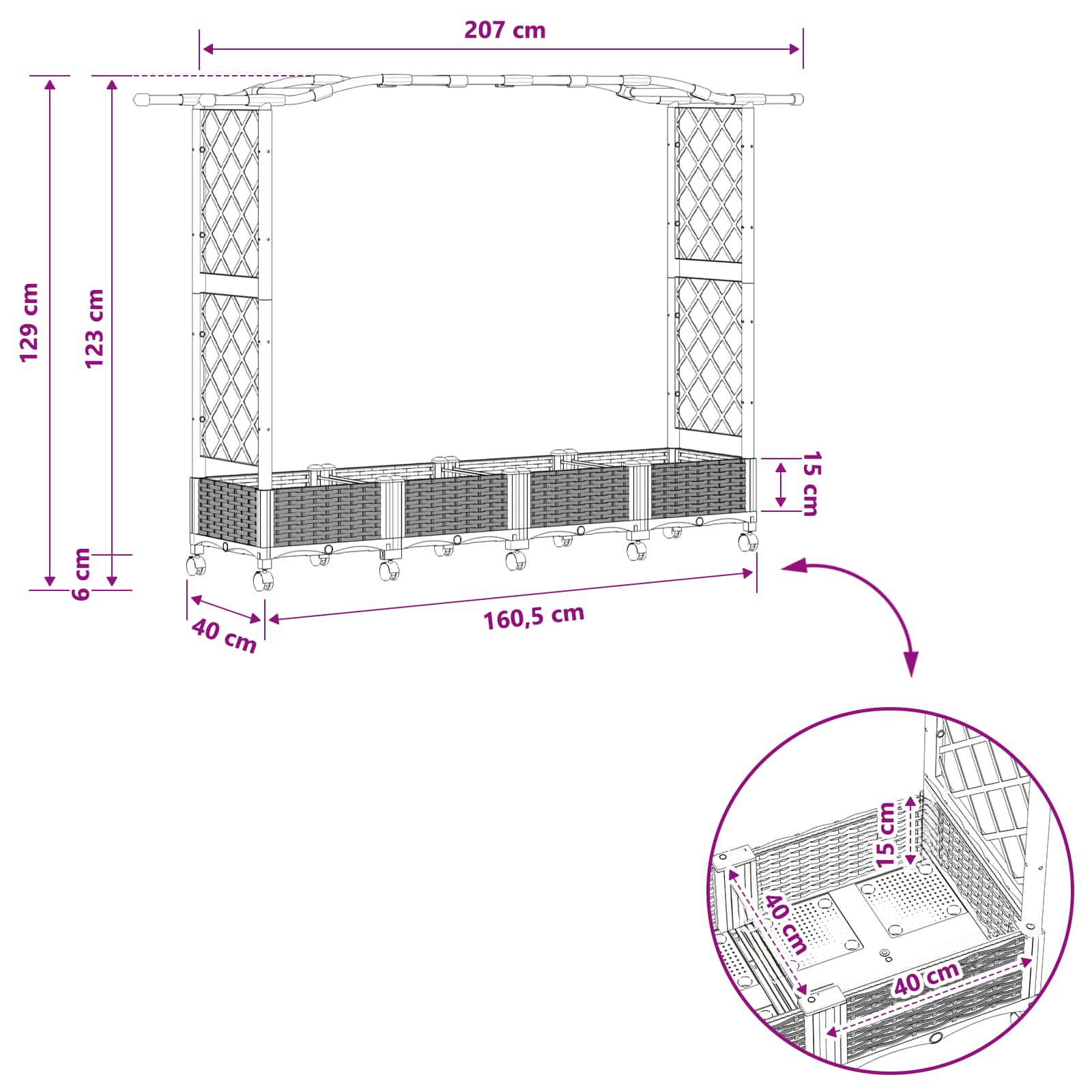 Magasított ágy trellis-szel és tetővel szürke 207 x 40 x 129 cm